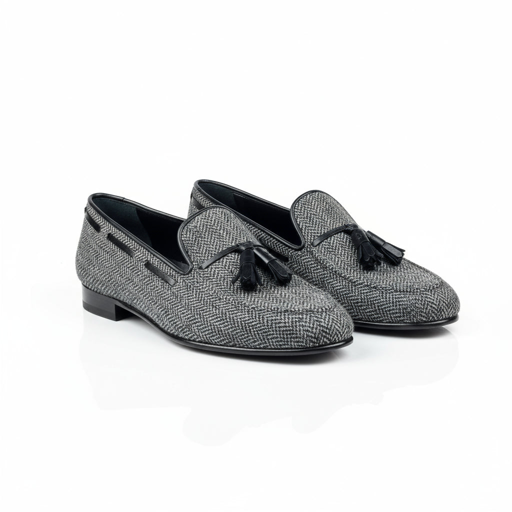 Gray Herringbone Tassel Loafers from Alexander Loafers in Black Painted Calf leather
