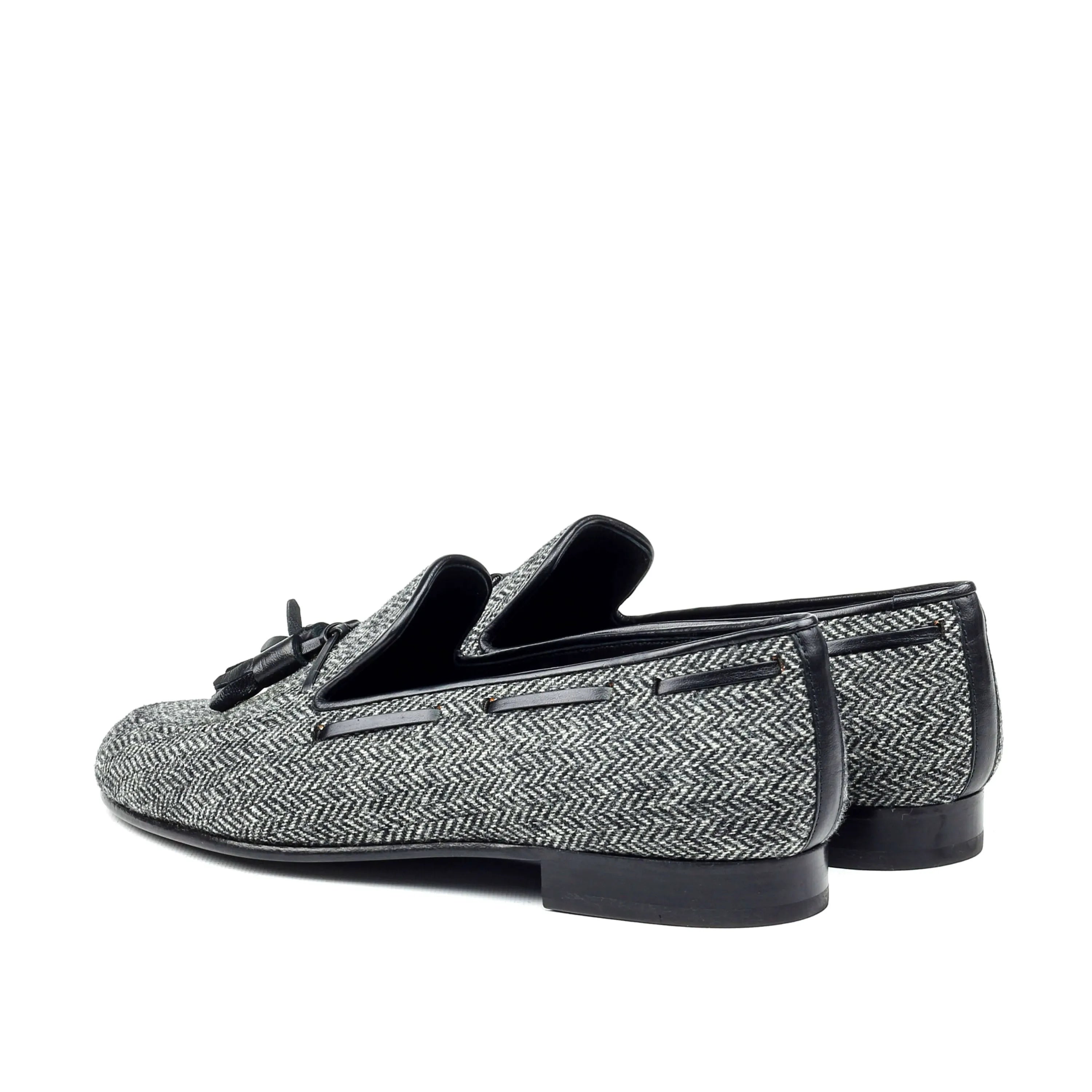 Gray Herringbone tassel loafers from Alexander Loafers in Black Painted Calf leather