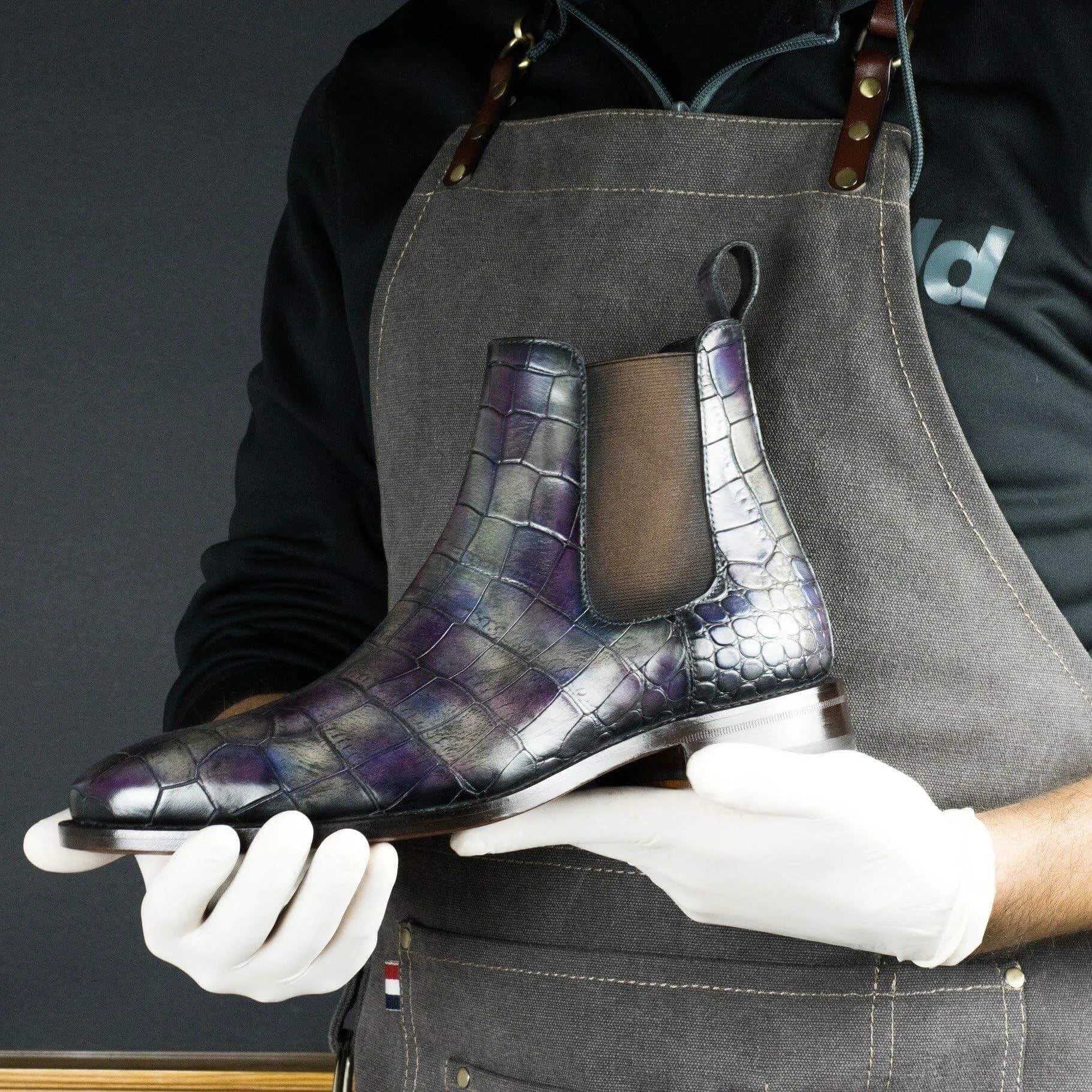Purple crocodile-patterned Alexandrio Patina Chelsea Boots for stylish footwear elegance