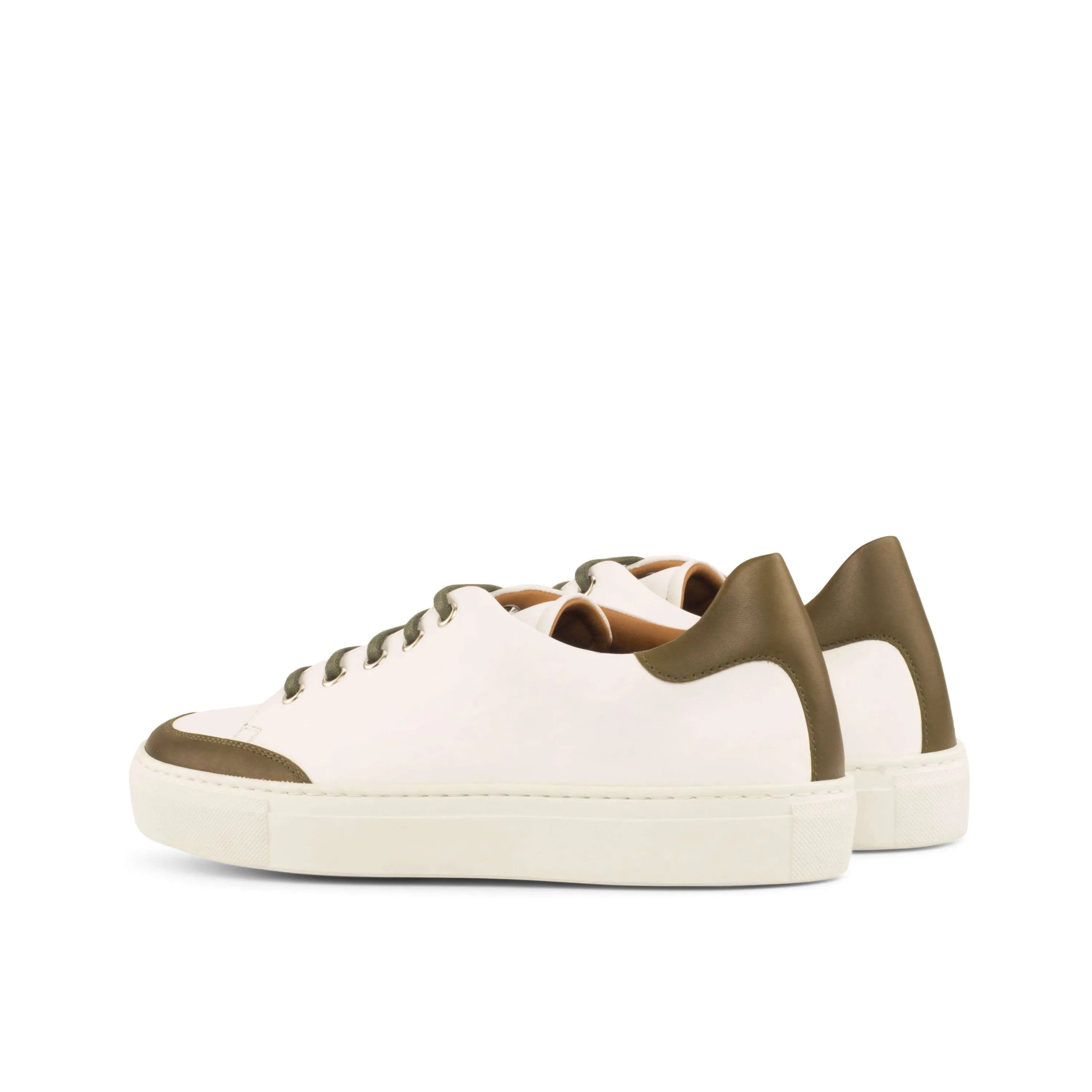 White leather Alia Ladies Tennis Sneakers with olive accents for stylish footwear