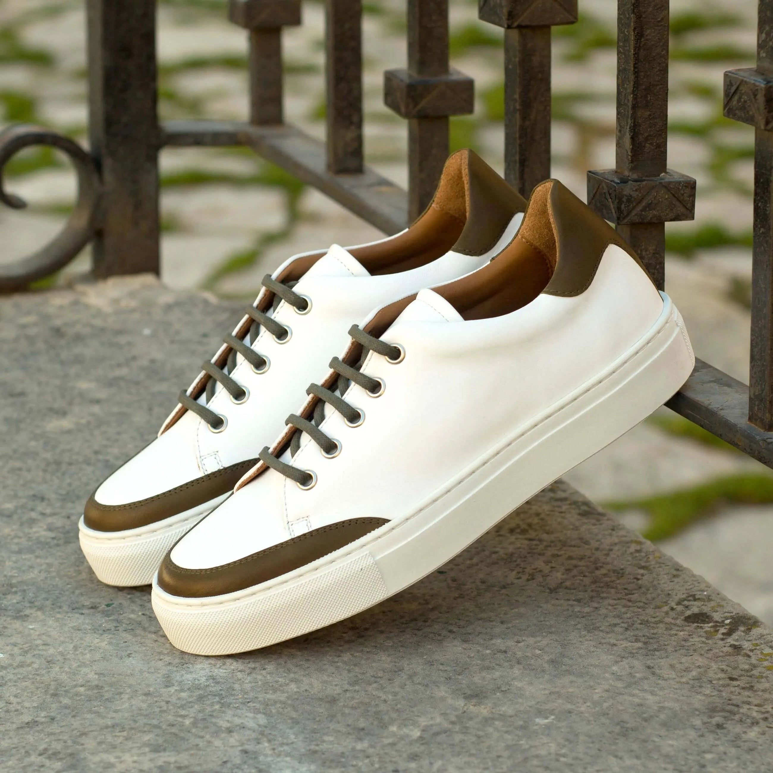 White leather Alia Ladies Tennis Sneakers featuring elegant brown accents