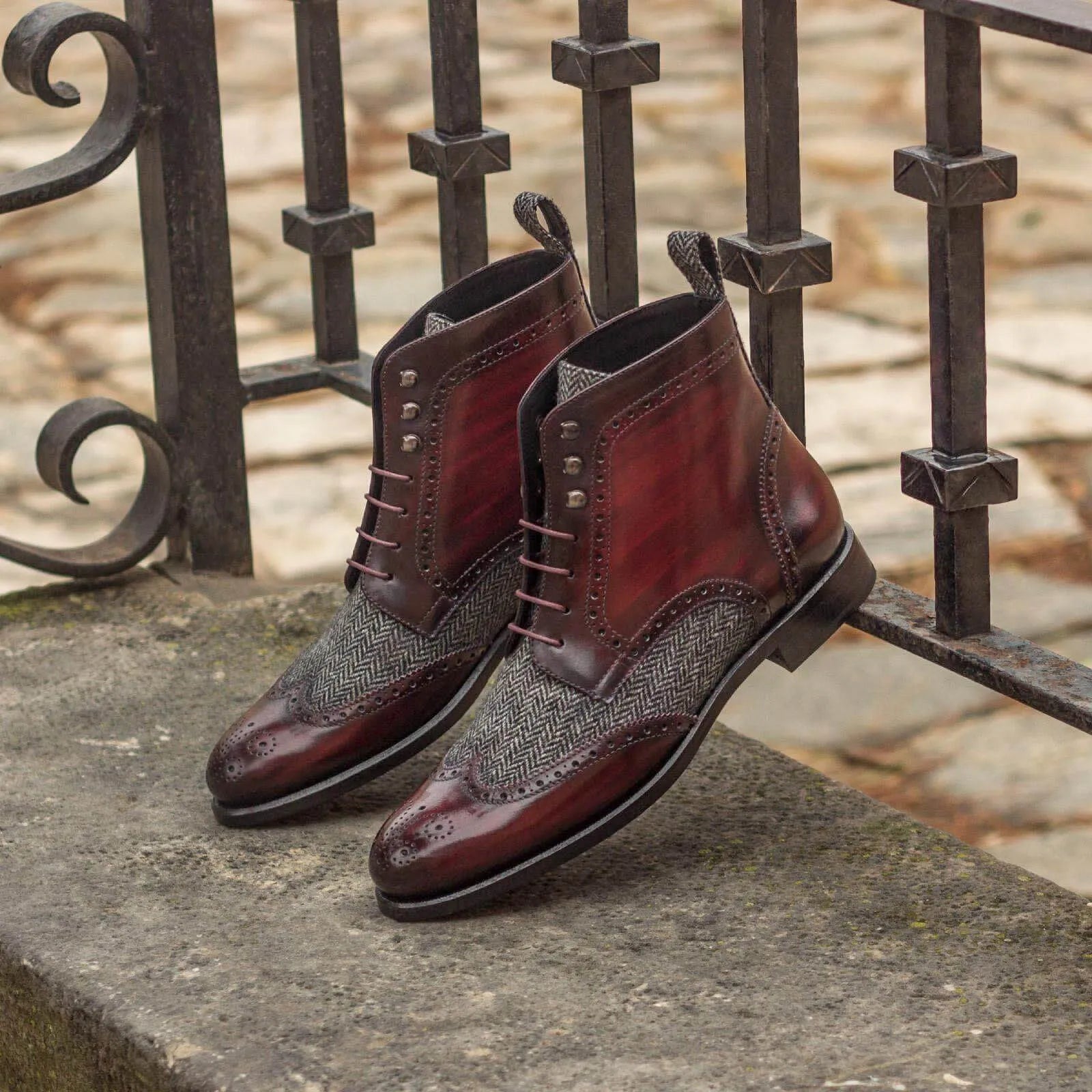 Burgundy leather and tweed ankle boots from Aliya Ladies Military Brogue Patina collection