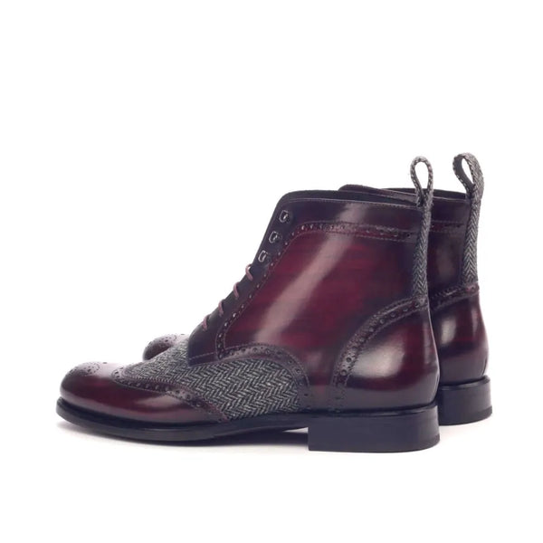 Burgundy leather and herringbone tweed Aliya Ladies Patina Military Brogue Boots