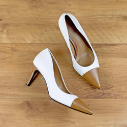 White and brown leather pumps from Amelia Milan High Heels, featuring Kaiser Italian leather