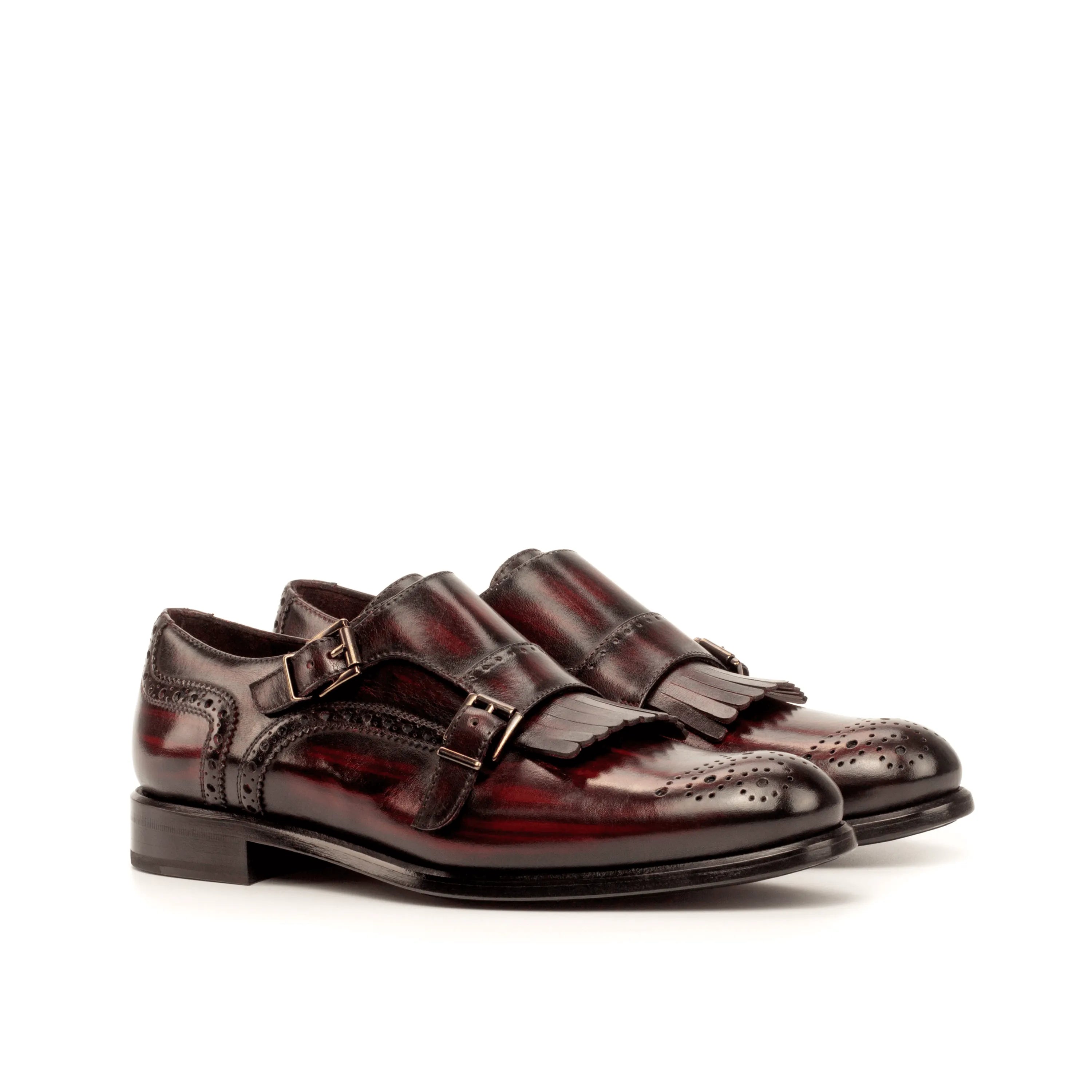 Burgundy leather monk strap shoes in Amina Kiltie Womens Monk Strap Patina II design