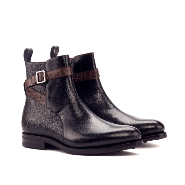 Pair of black leather Anastasio Jodhpur Boots II with brown crocodile-patterned straps
