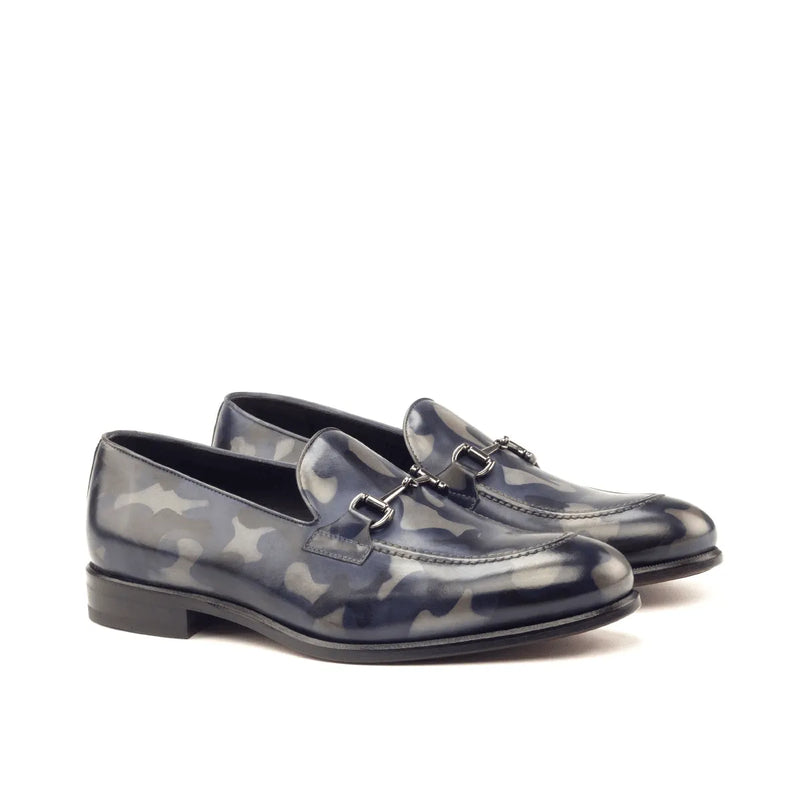 Camouflage patterned leather loafers by Andrew Camo Patina, elegant and stylish footwear