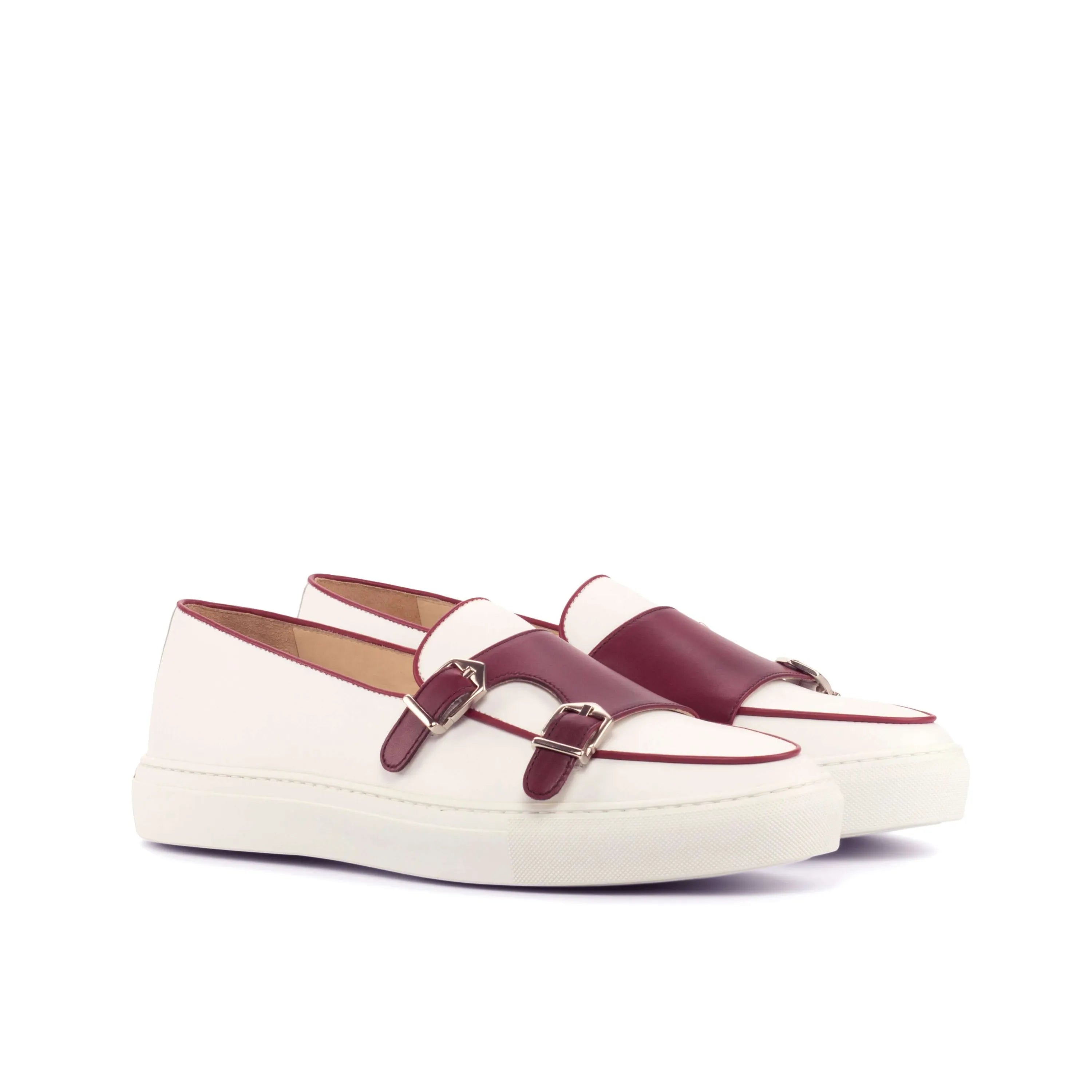 White and burgundy Andrew81 monk sneaker featuring double monk strap design in nappa leather