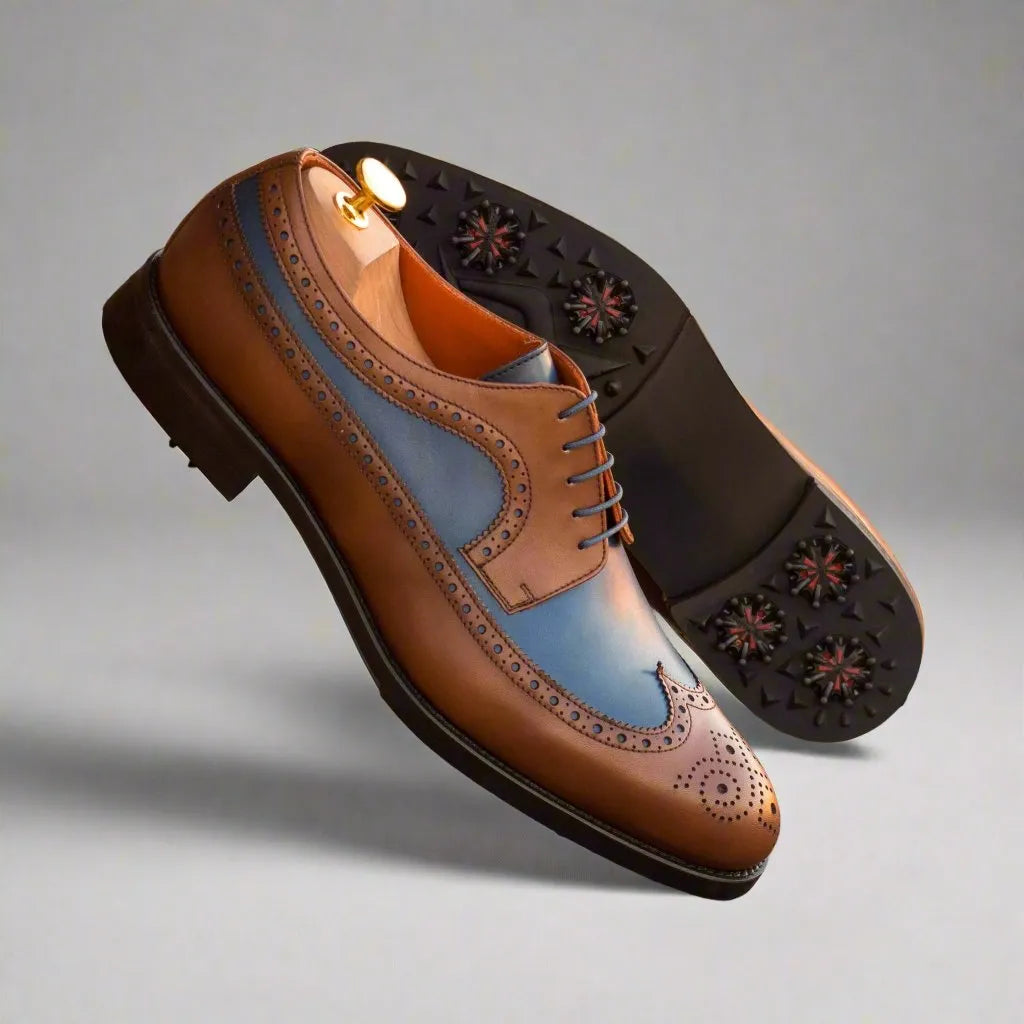 Brown and blue leather Andy Longwing Blucher golf shoes featuring a classic design