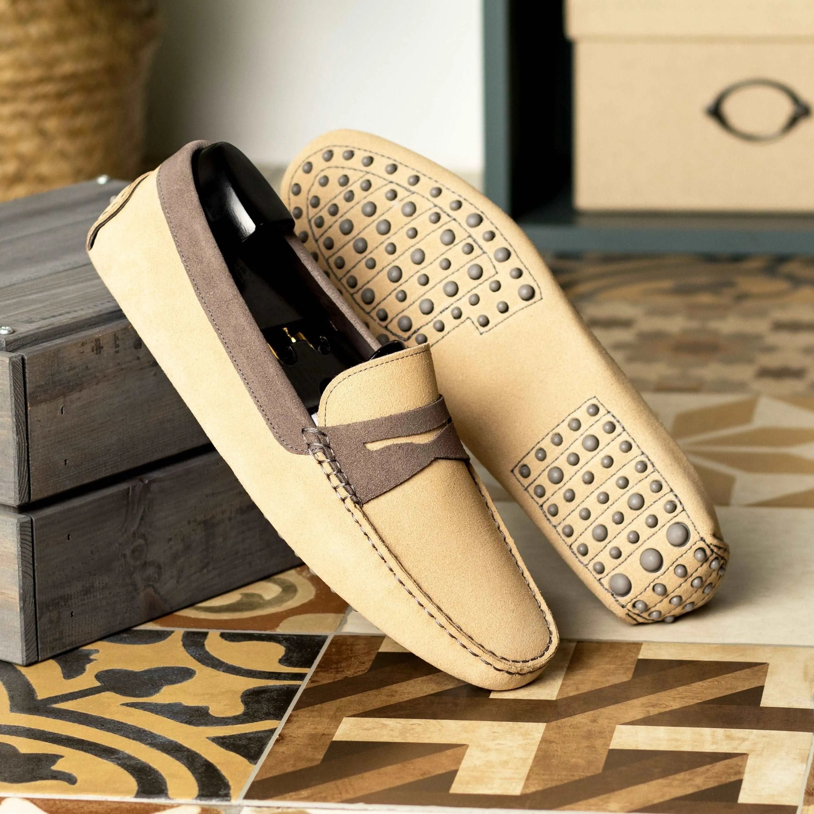 Beige leather driving loafers from Anthony Driver, luxury bespoke shoes for men