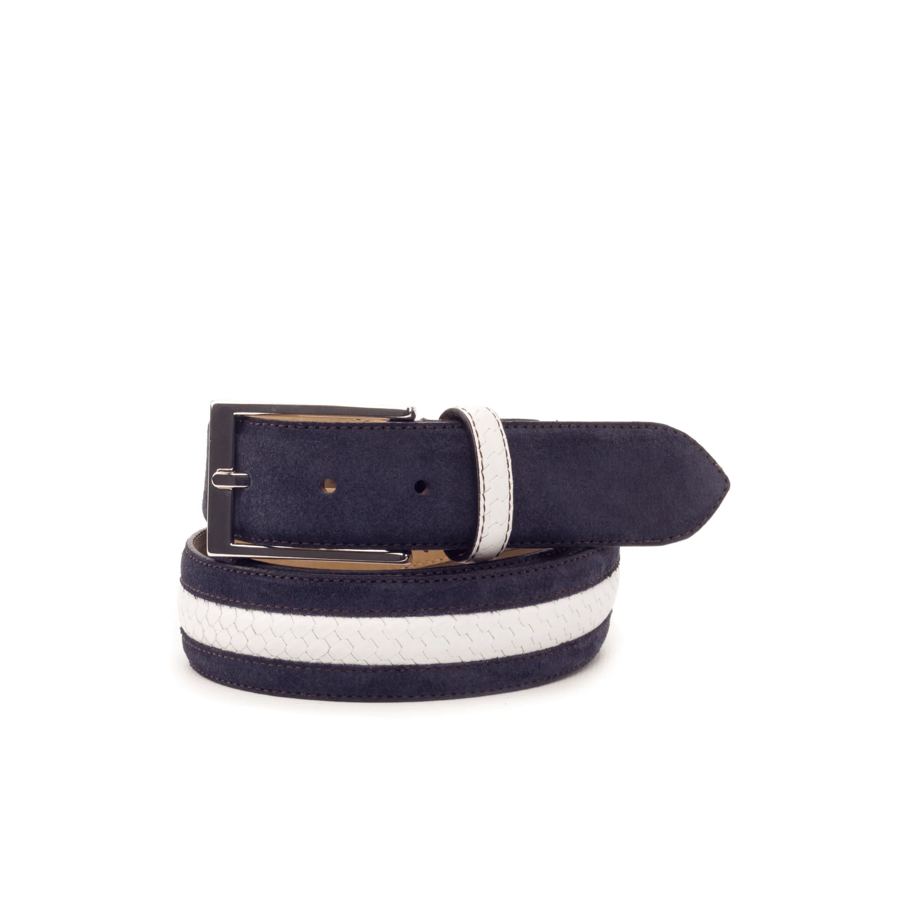 Navy and white striped leather belt from Anza Venice, perfect for pairing with trainer sneakers