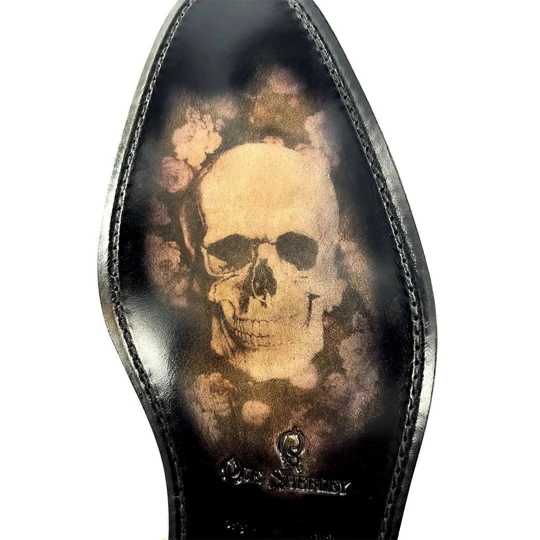 Shoe sole featuring a skull and floral design from Arabic Matrix Loafers in Italian crust leather
