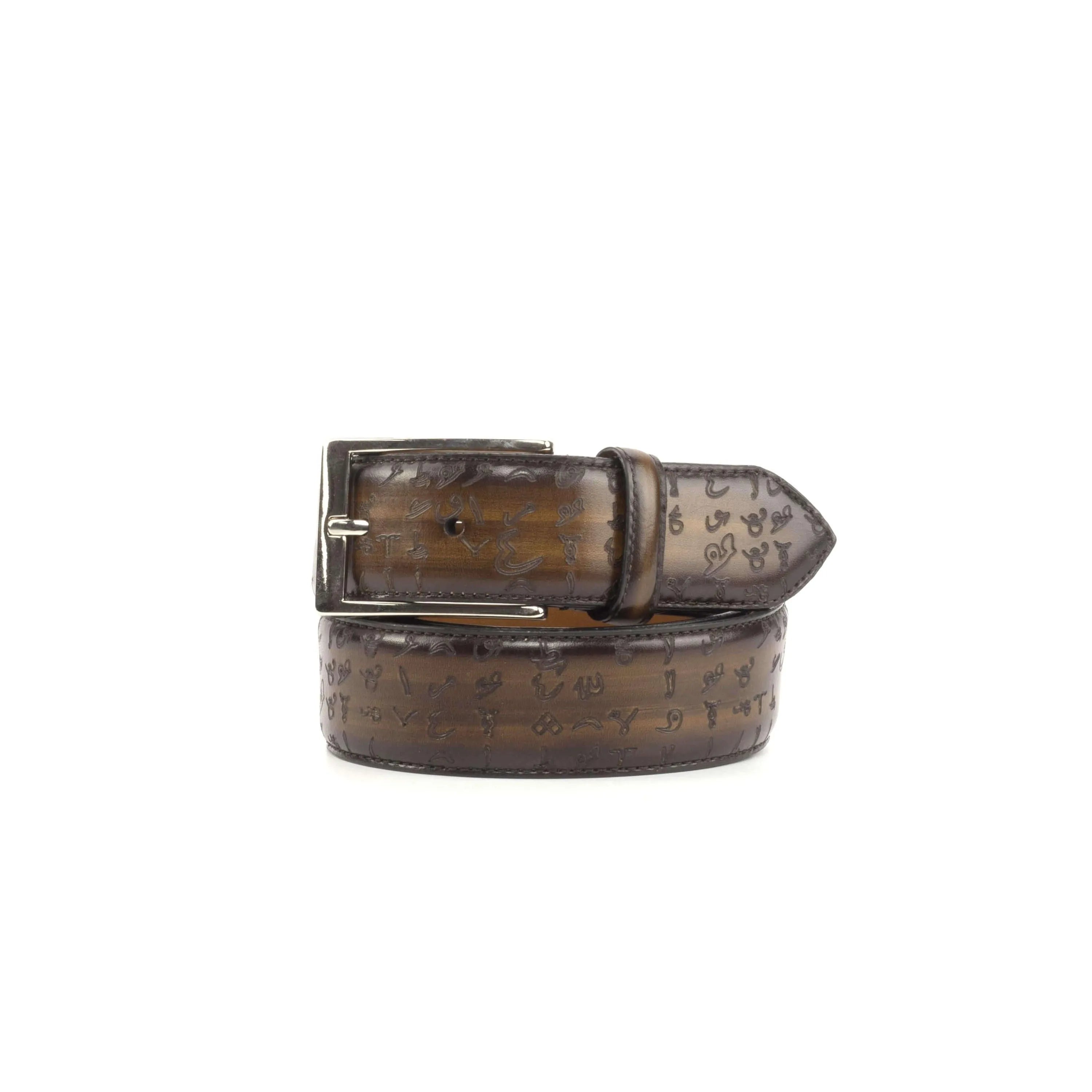 Brown leather belt with silver buckle from the Arabic Matrix Patina Hamptons collection