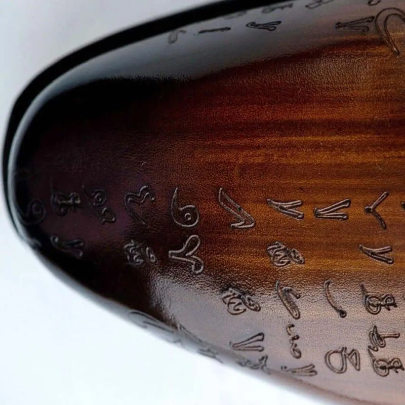 Brown glossy vessel with engraved symbols from Arabic Matrix Patina Wholecut Shoes