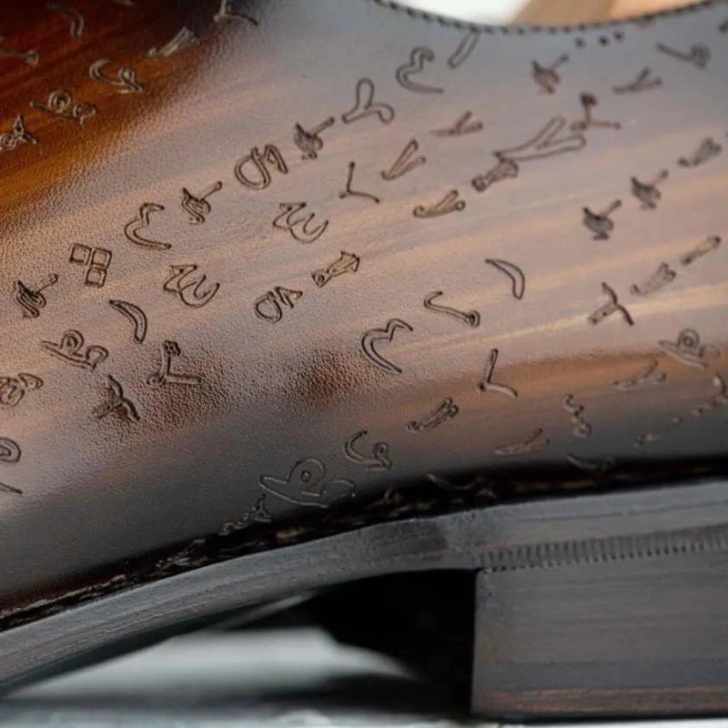 Brown leather Arabic Matrix Patina Wholecut Shoes with embossed symbols in Italian crust leather