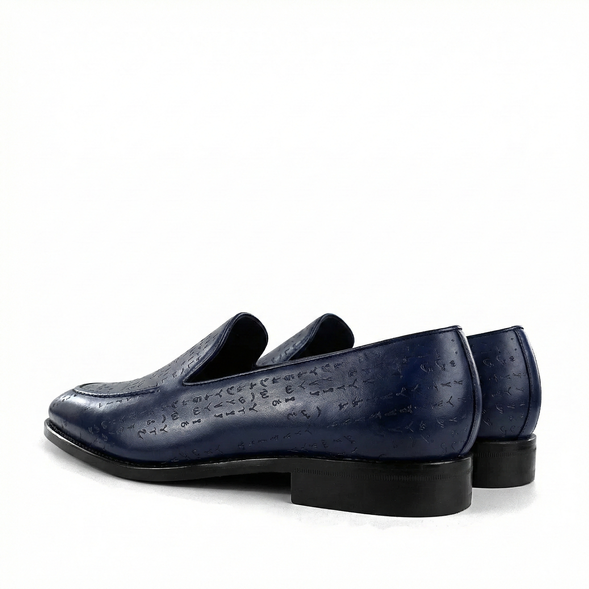 Pair of blue leather loafers on a white background