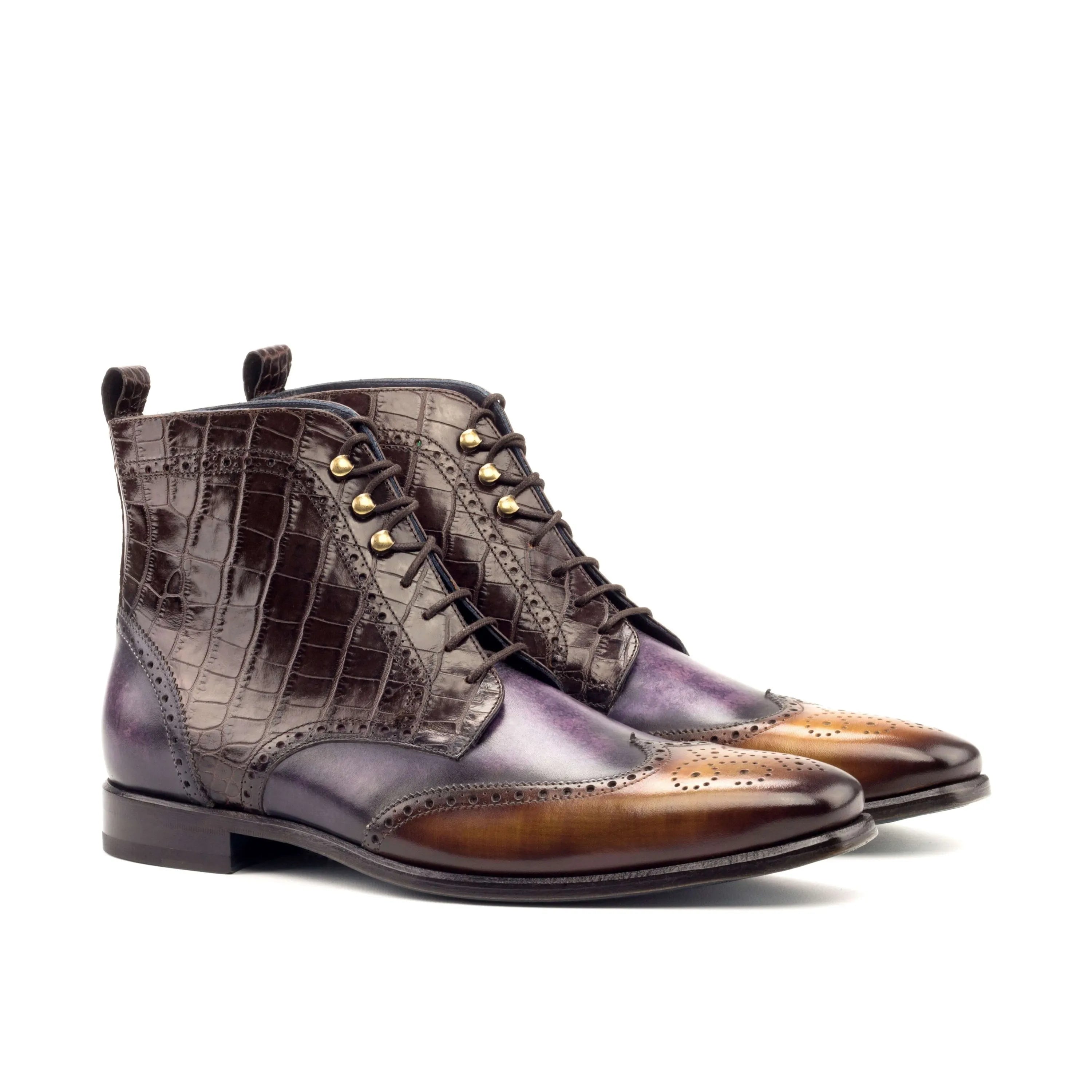 Brown and purple leather wingtip Arah Patina Military Brogue Boots on display