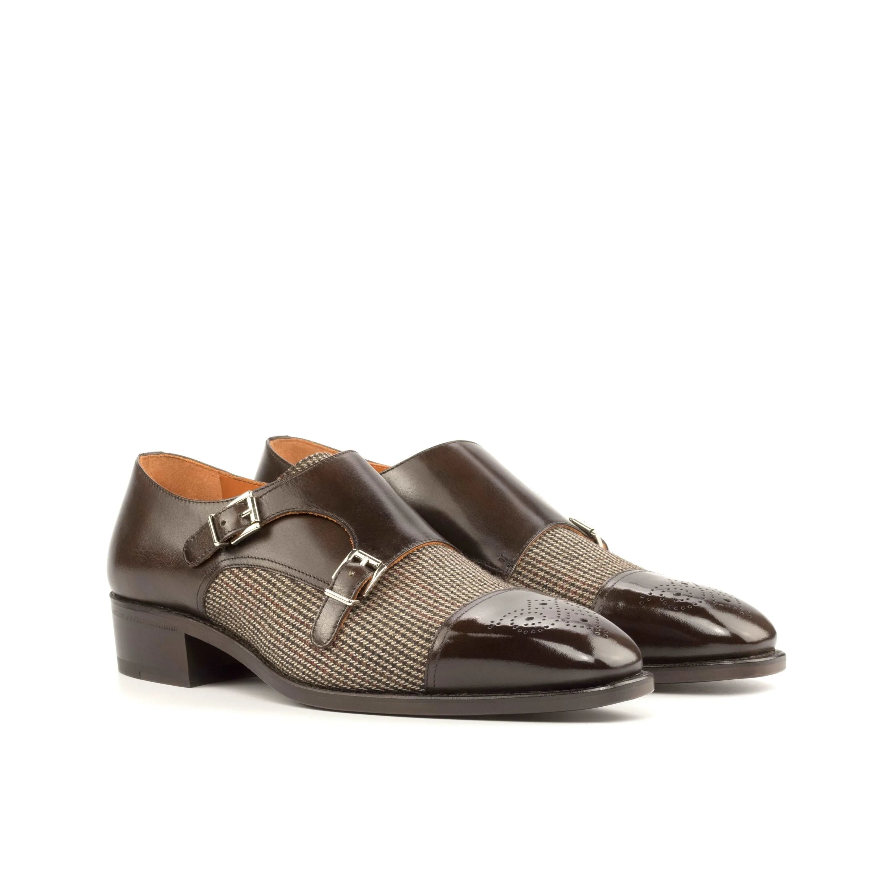 Brown leather and tweed Aristo Double Monk shoes featuring elegant double monk patina