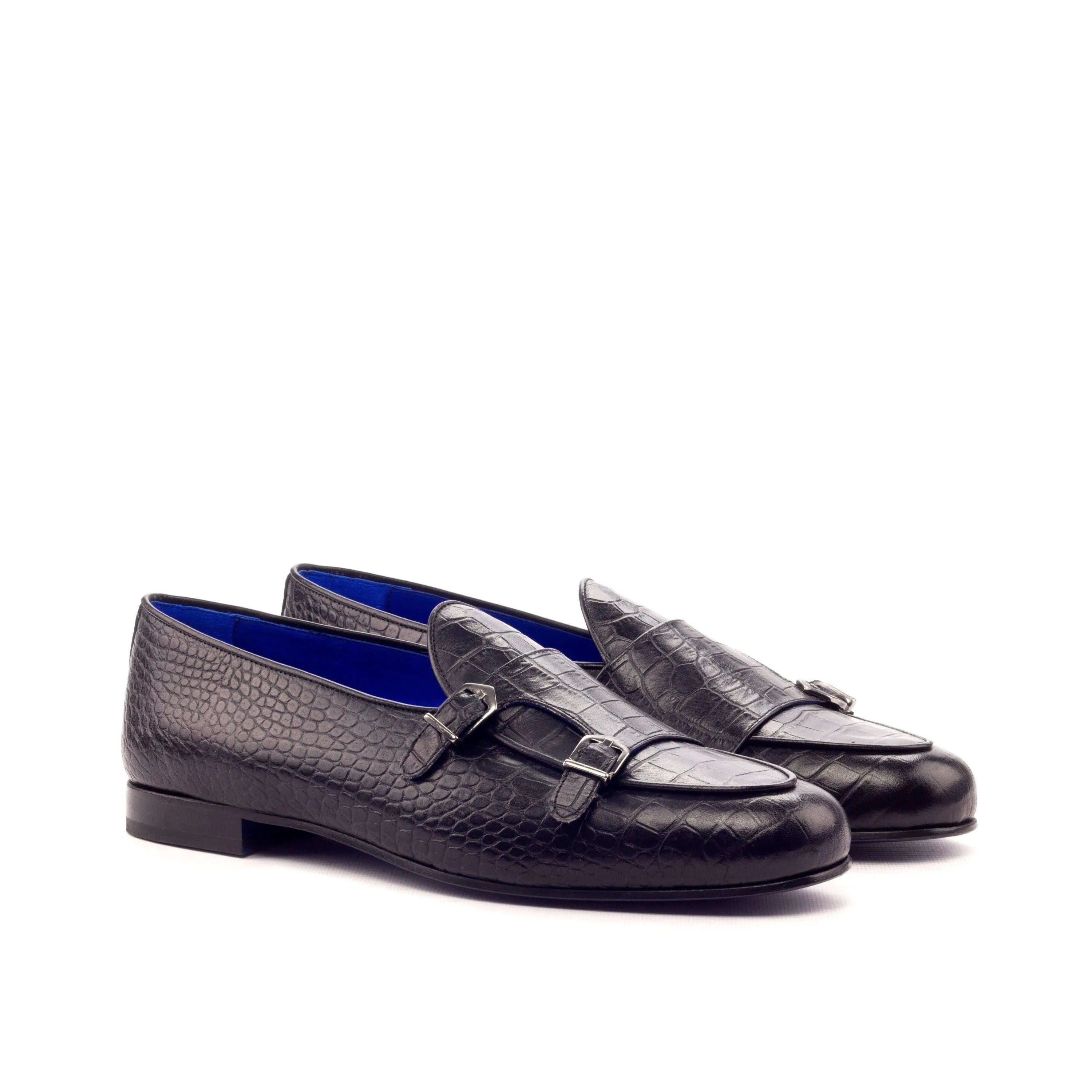 Pair of Asafa Belgian Monk Slippers II in black calf leather with stylish monk strap design