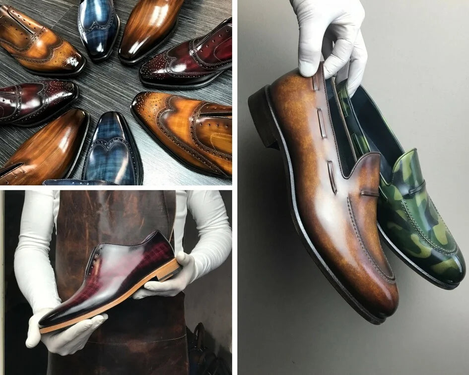 Assorted leather dress shoes showcasing unique camouflage patina finishings.