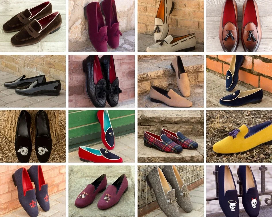 Assorted loafers highlighting men’s dress slippers and elegant Prince Albert dinner slippers.