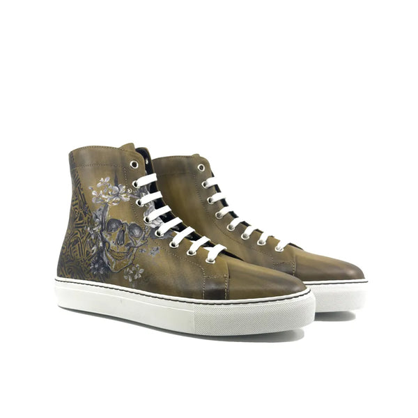 Olive-green Awake Americana High Top Sneakers with skull design in calf leather