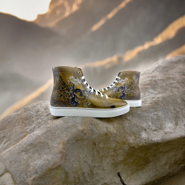 Olive-green Awake Americana High Top Sneakers with skull and floral designs in calf leather