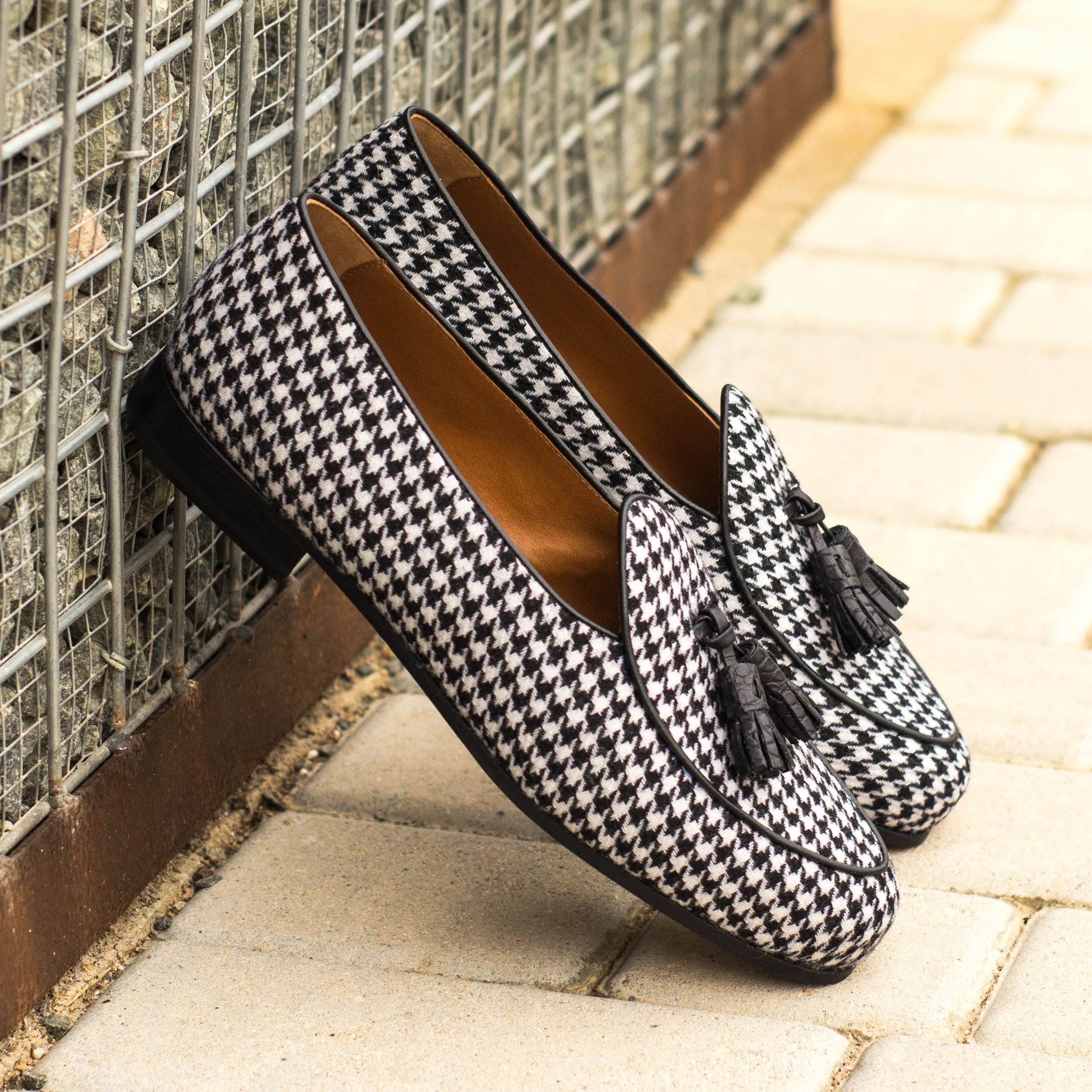 Houndstooth patterned tassel loafers from the Azar Belgian Slipper II collection