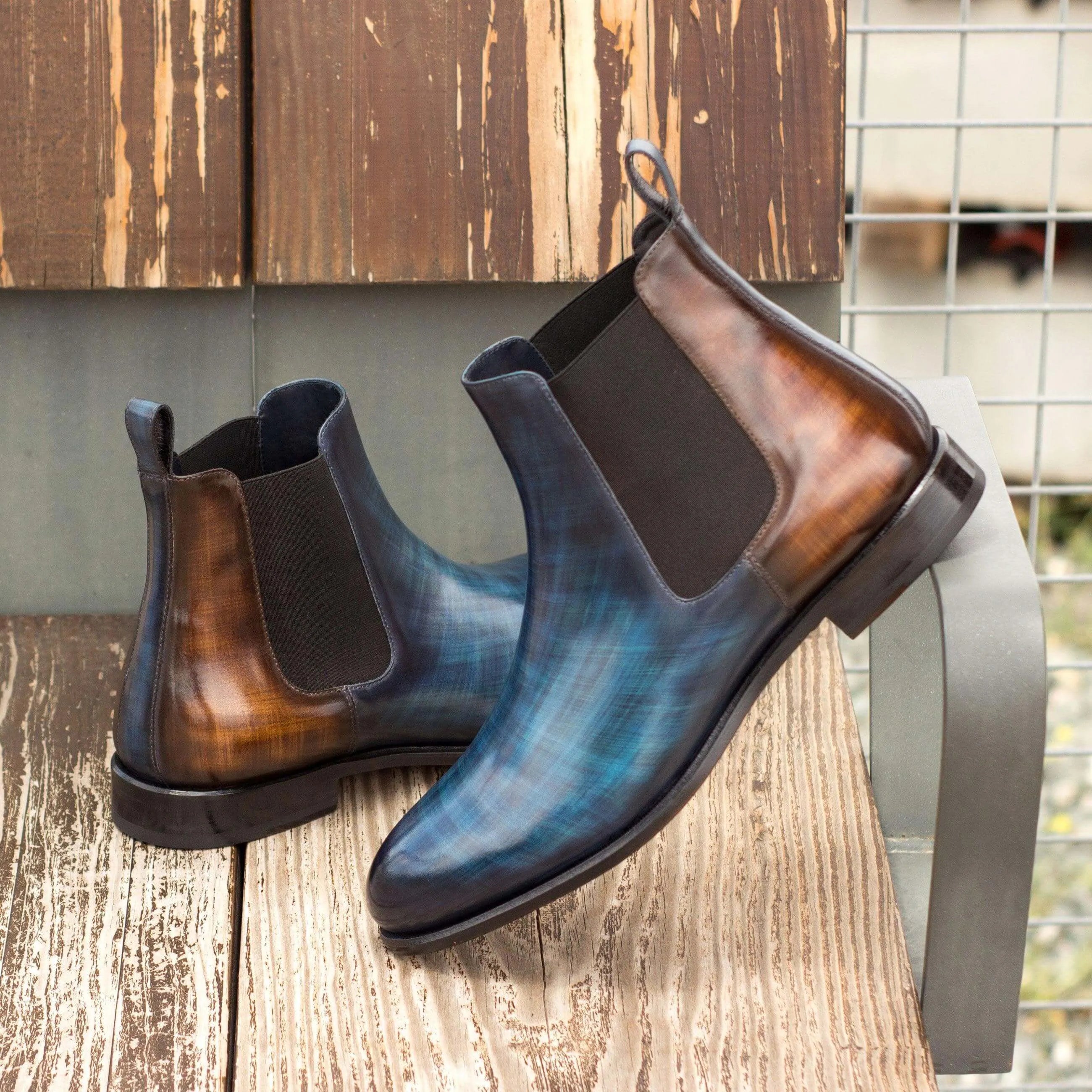 Two-toned leather Babak Patina Chelsea Boots II showcasing elegant crust patina design
