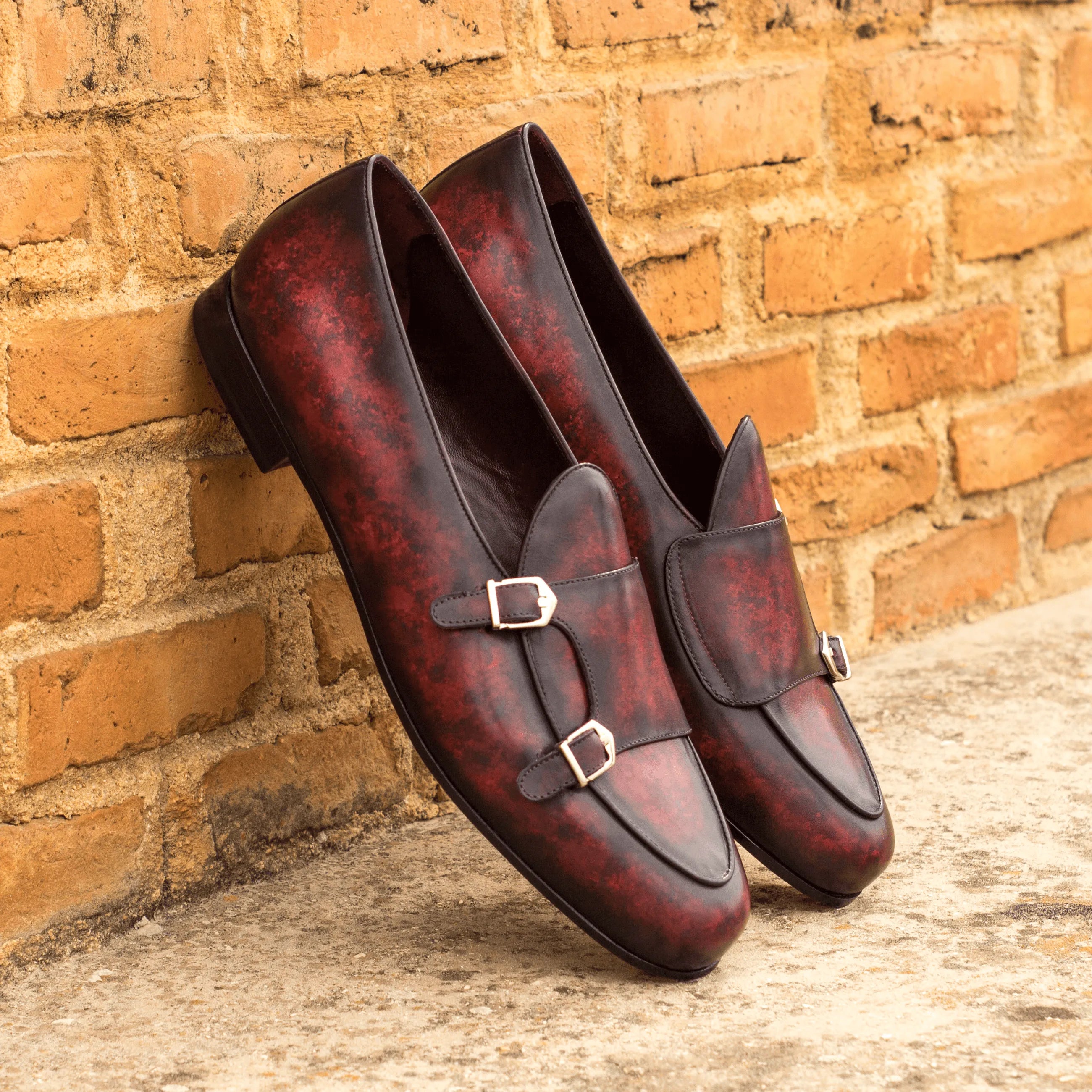Burgundy leather Baha Belgian Patina Monk Slipper showcasing elegant monk strap design