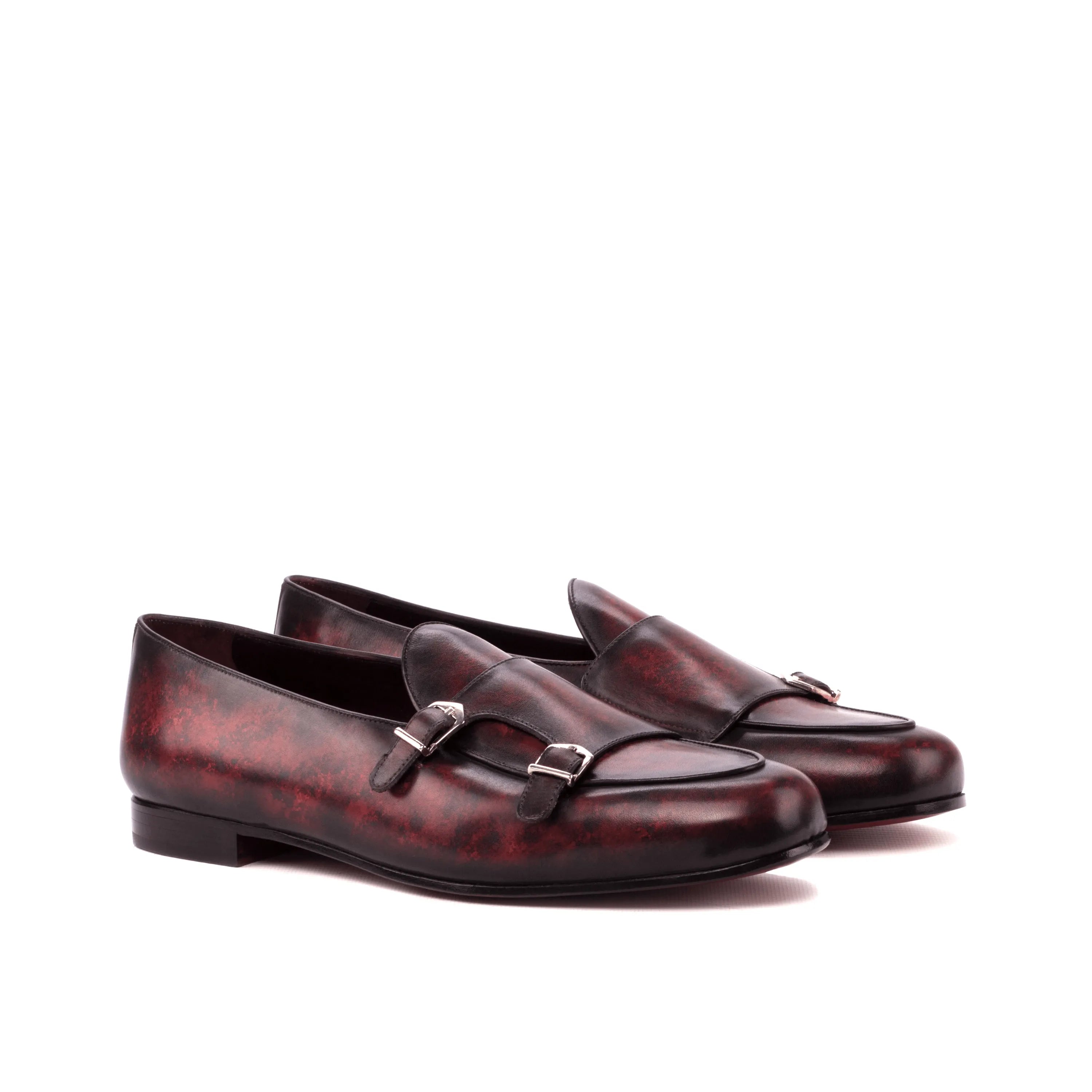 Burgundy leather double monk strap loafers, Baha Belgian Patina Monk Slipper