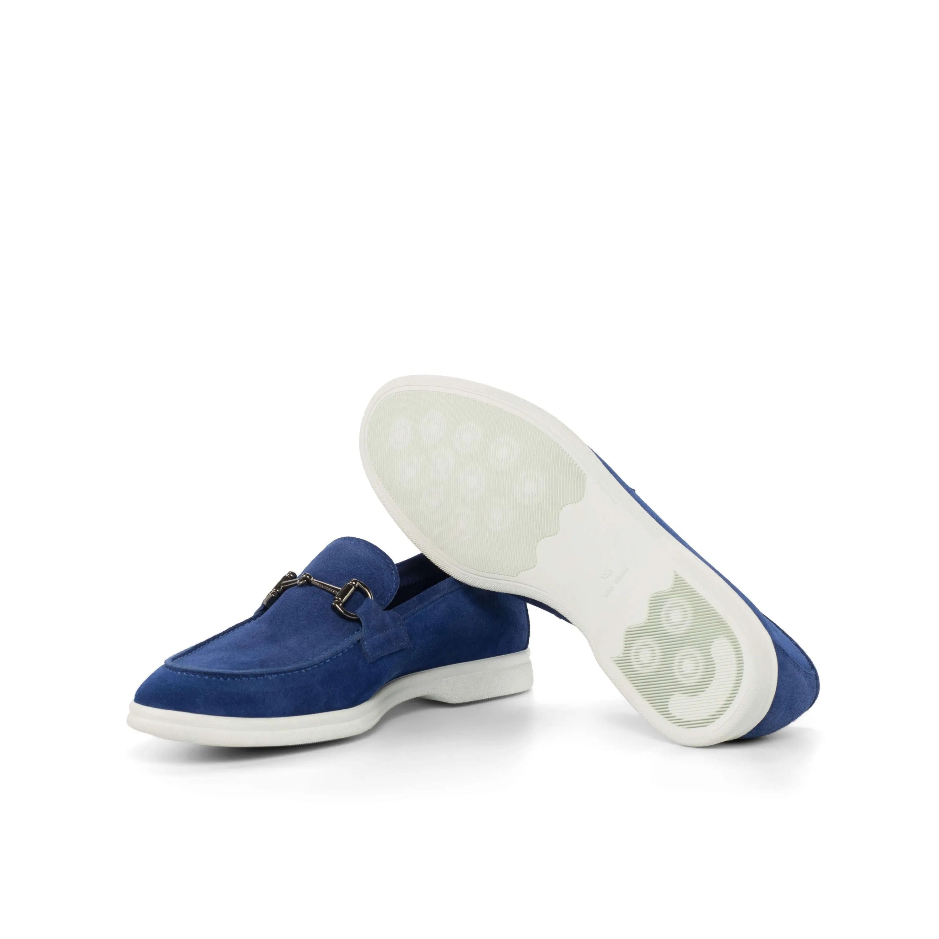 Blue suede Bahia Moc Flex Shoes II with white soles for stylish comfort and versatility