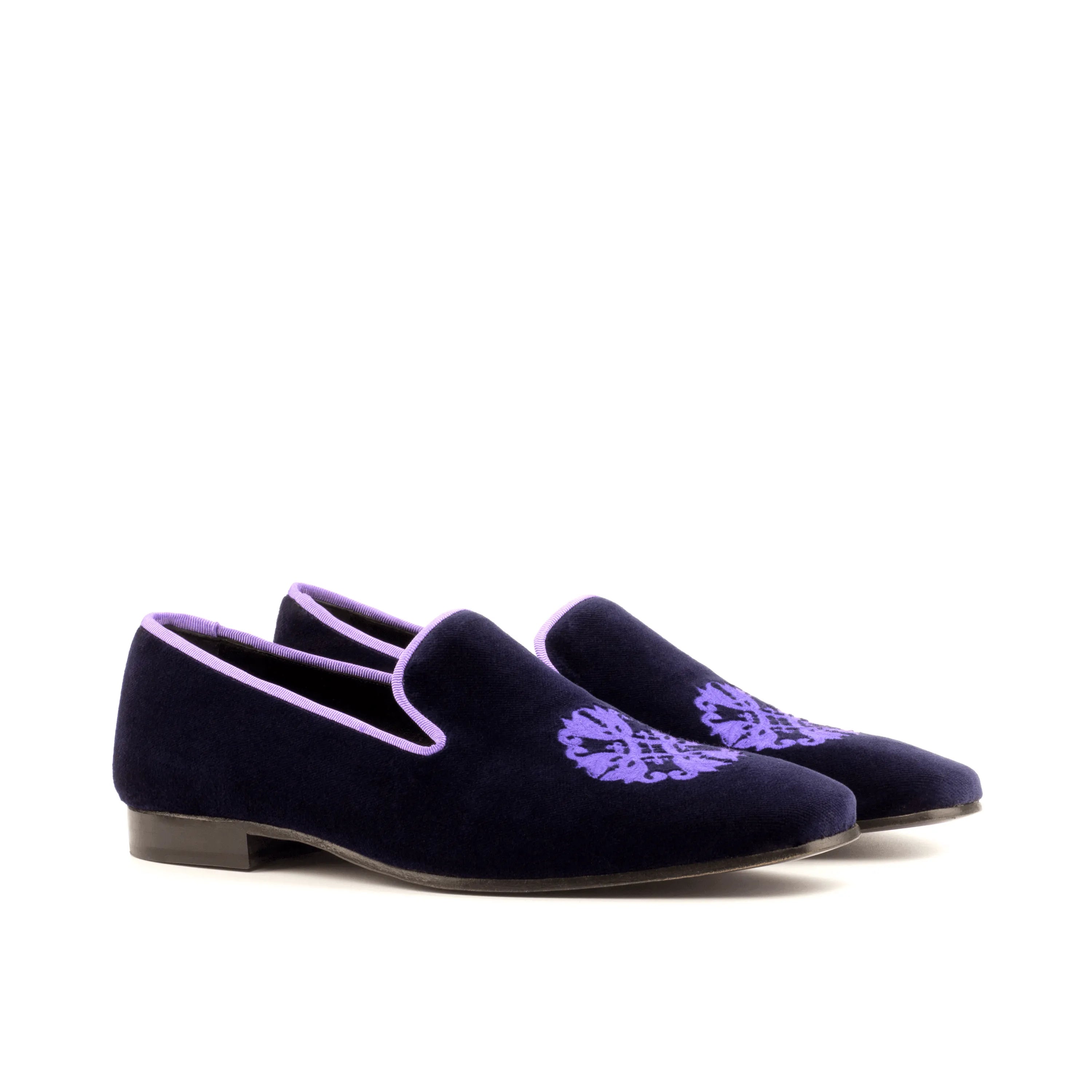 Navy velvet Bali Drake slipon II loafers with purple trim and embroidery details