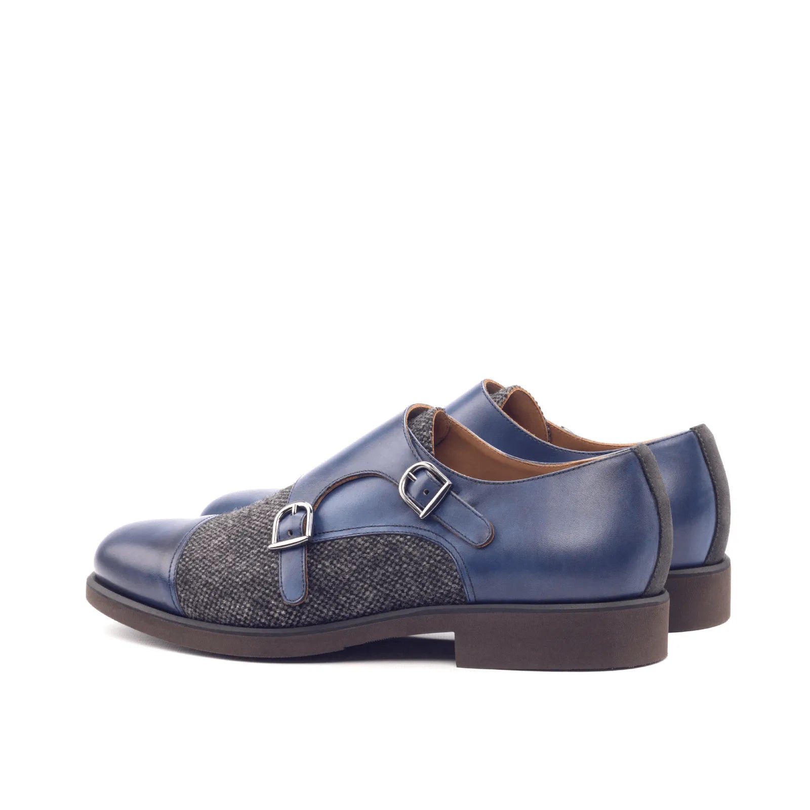 Blue leather and tweed Balti Double Monk shoes with a stylish double monk patina