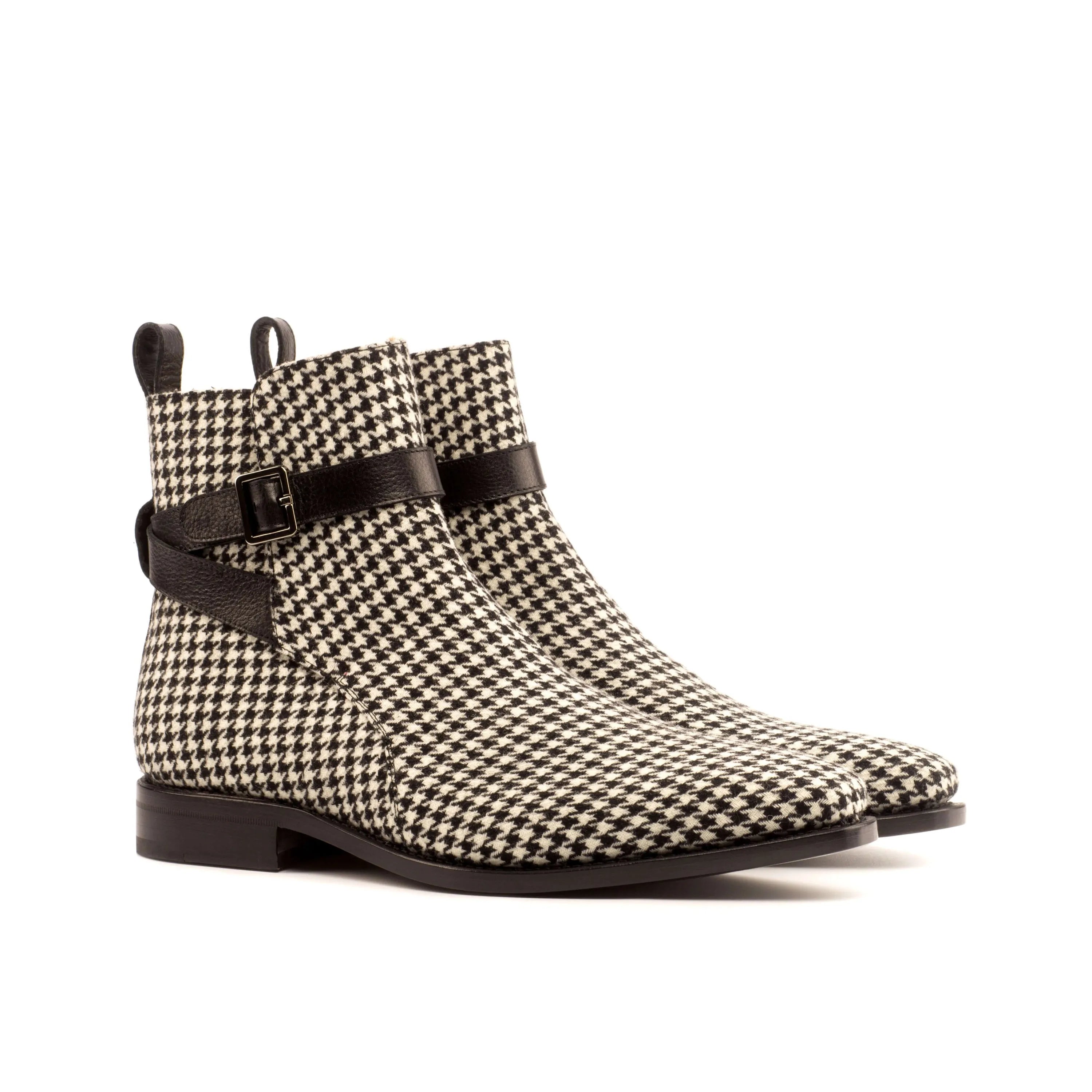 Houndstooth ankle boots with buckle straps, featuring Banderas Jodhpur Boots design
