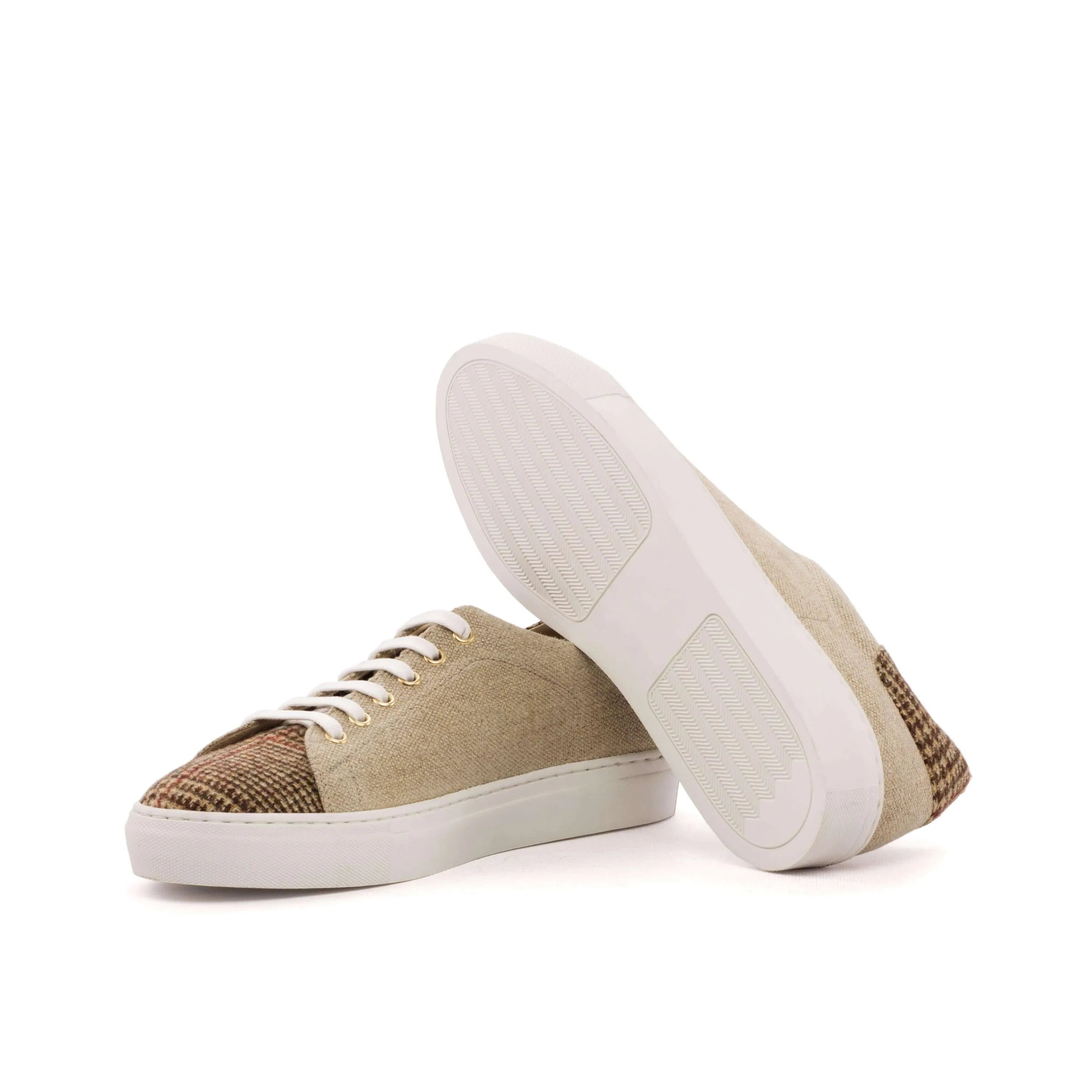 Beghoso Trainer Sneaker II featuring beige and plaid low-top design with crust patina accents