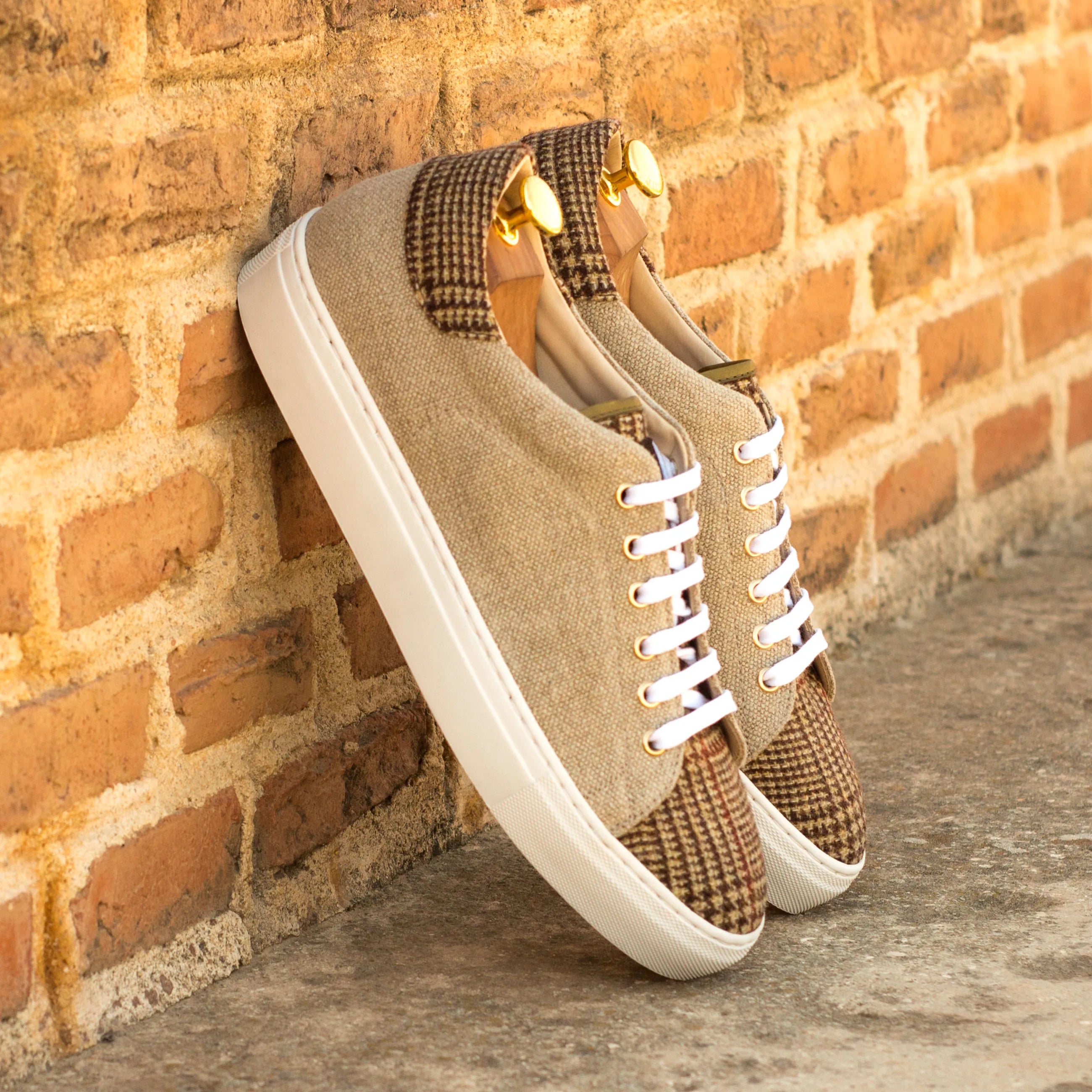 Stylish tan and plaid Beghoso Trainer Sneaker II with crust patina finish