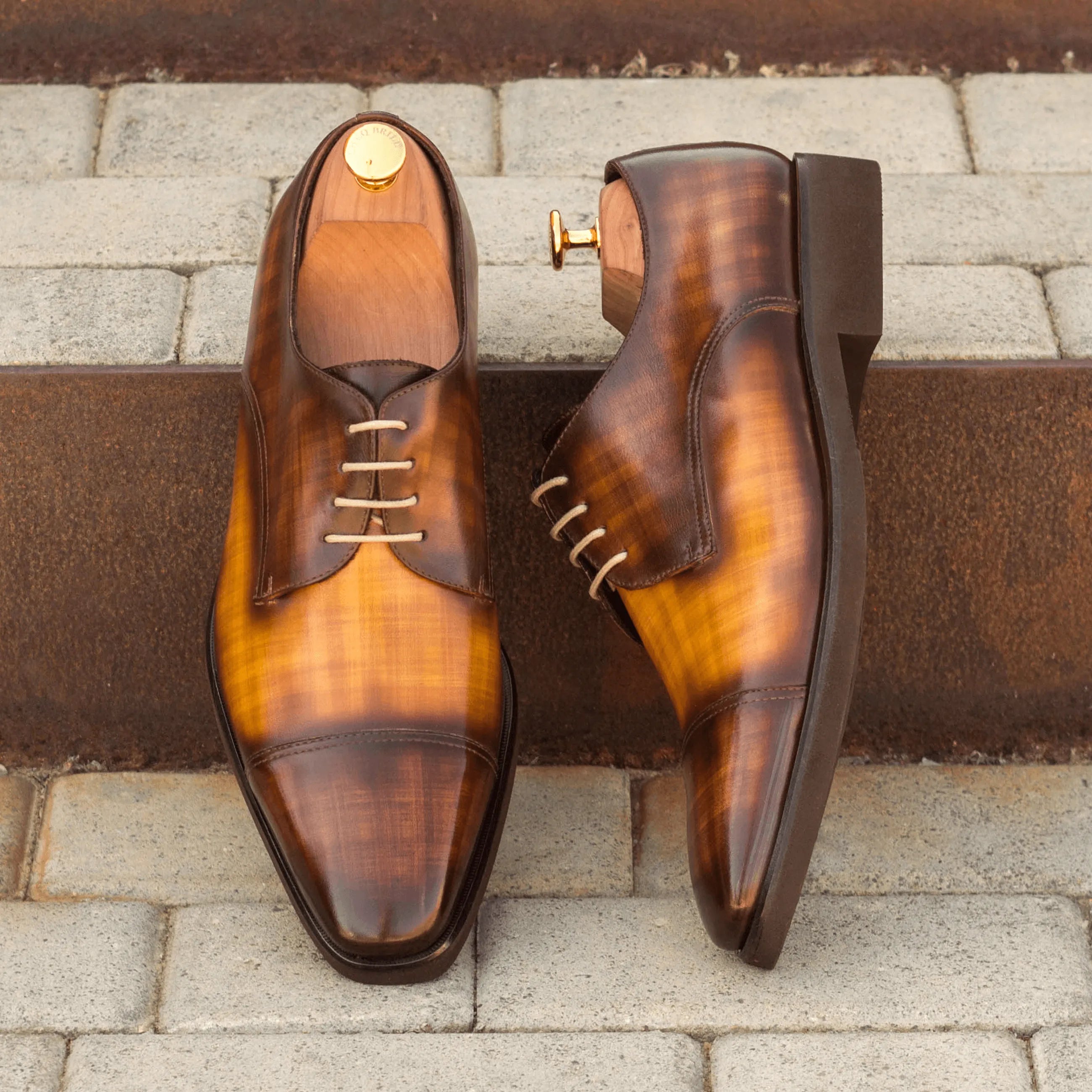 Two-toned brown leather dress shoes, Belem Patina Derby featuring crust patina finish