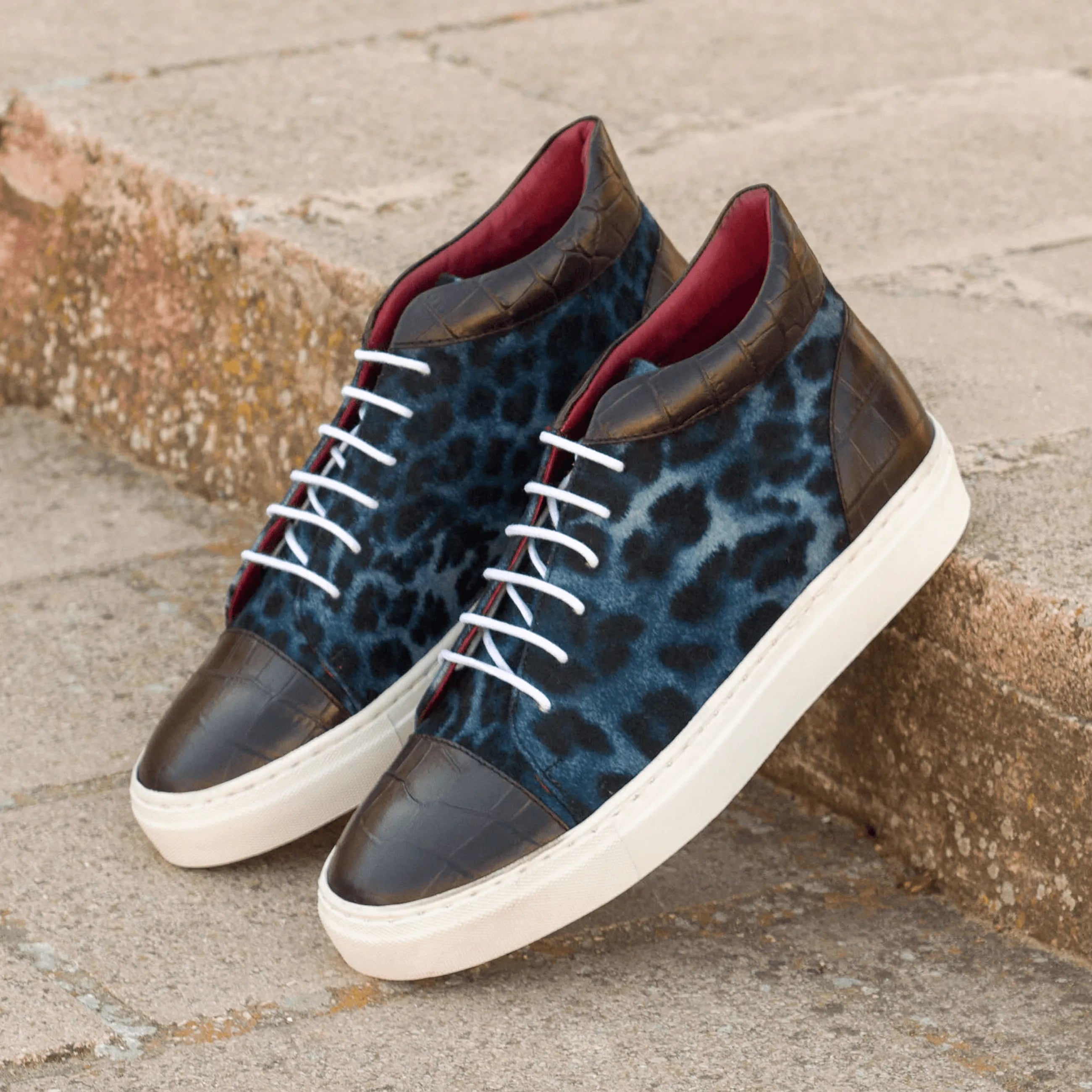 Blue leopard print Belen high top sneakers, luxury bespoke shoes for men