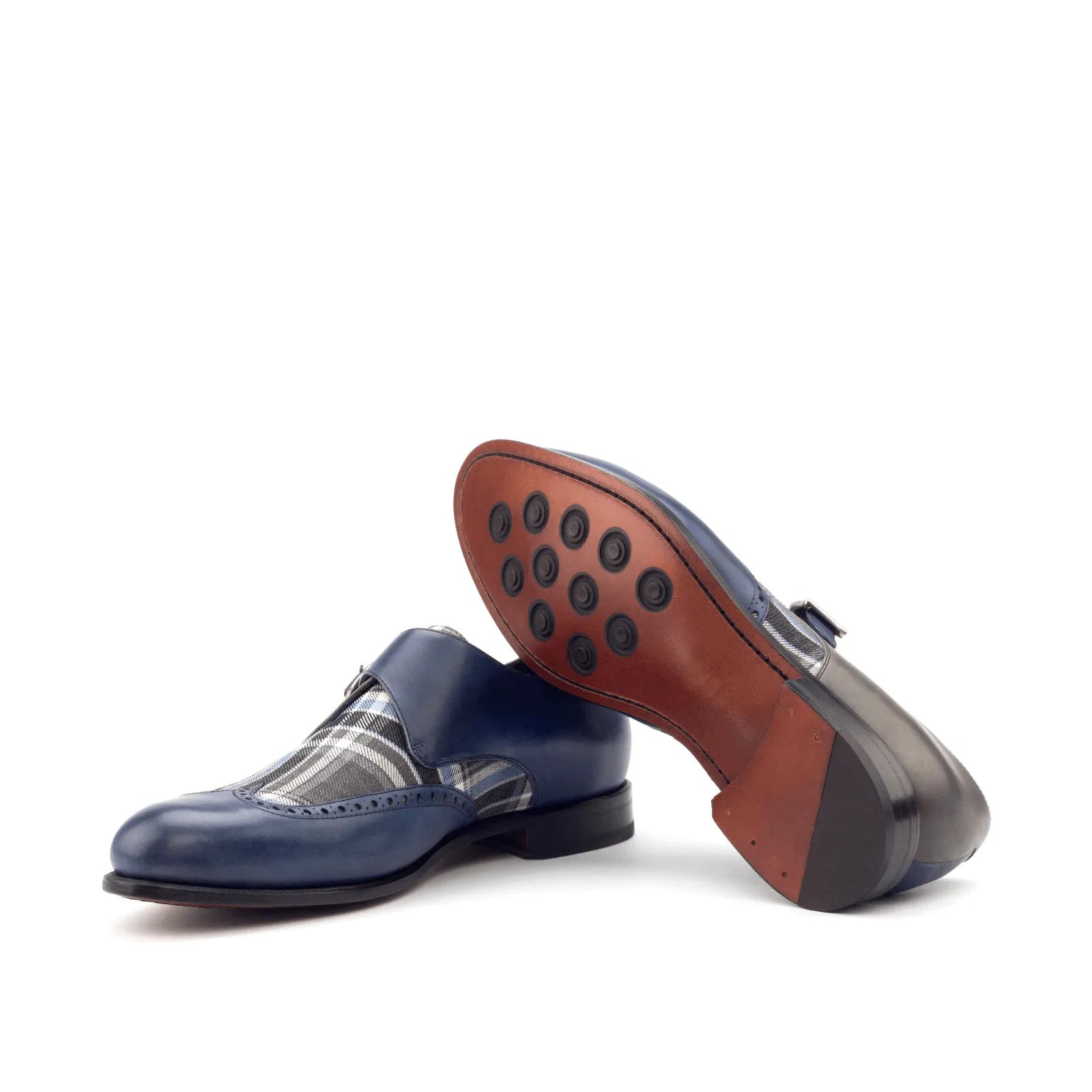 Blue leather and plaid Benz single Monk shoes featuring painted calf design