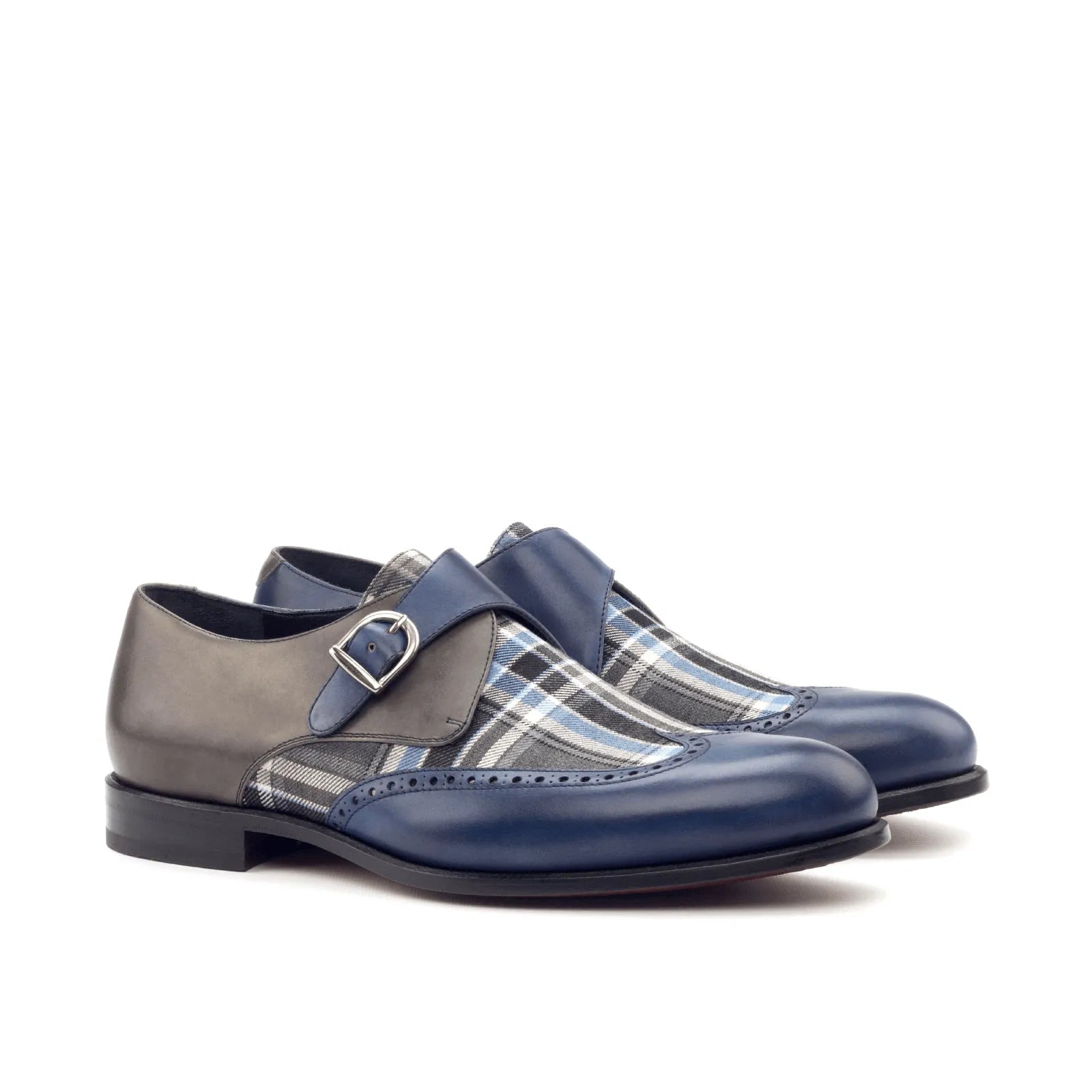 Blue plaid monk strap shoes from Benz Single Monk, crafted in painted calf leather