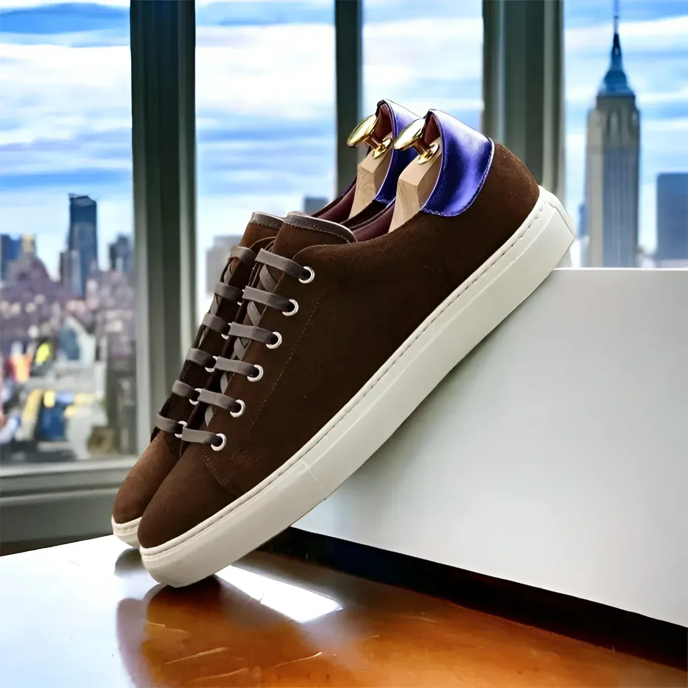 Brown suede Beyond Trainer Sneaker II with blue heel, featuring a cupsole trainer design