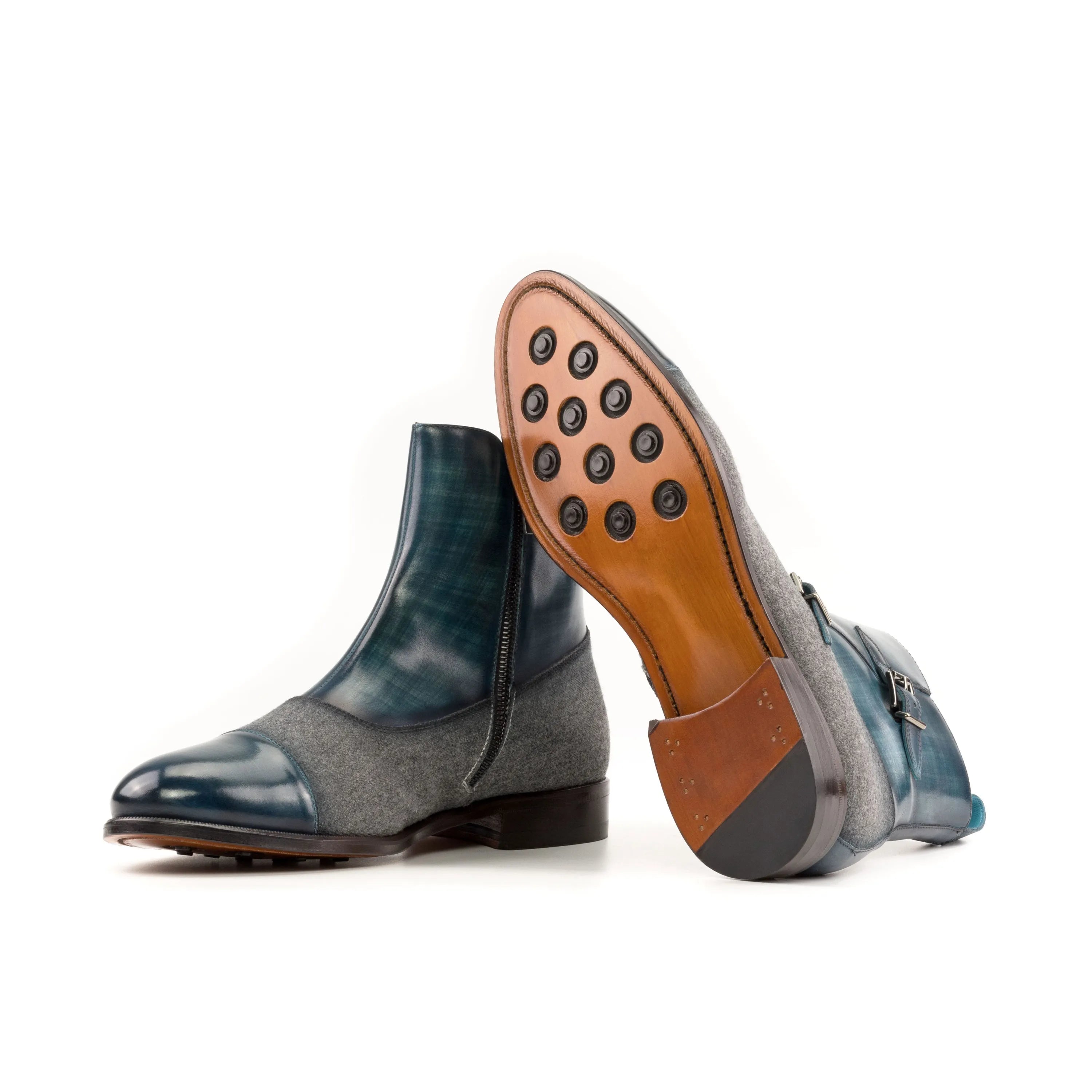 Two-toned leather ankle boots, showcasing Biagio Octavian Patina Boots II design