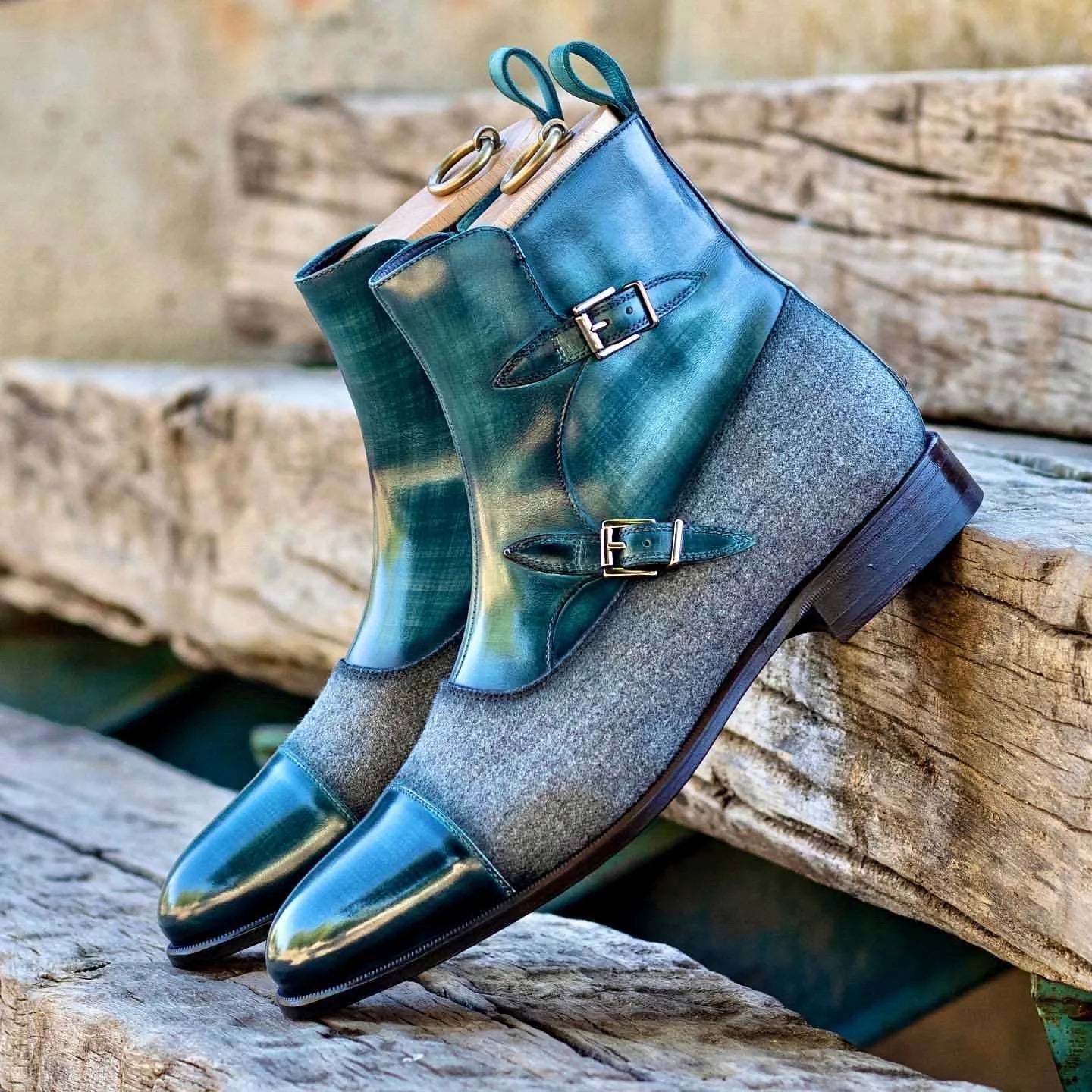 Two-tone leather and wool monk strap boots, Biagio Octavian Patina Boots