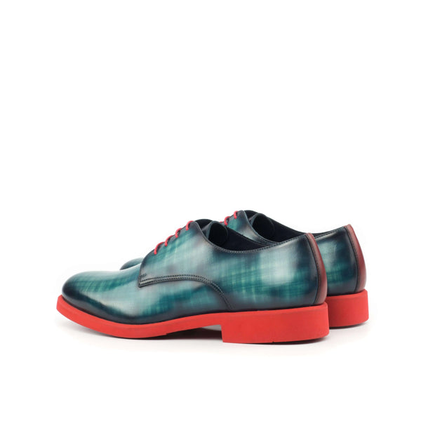 Blue and green plaid Birmingham Patina Derby shoes with red soles and rounded toe design