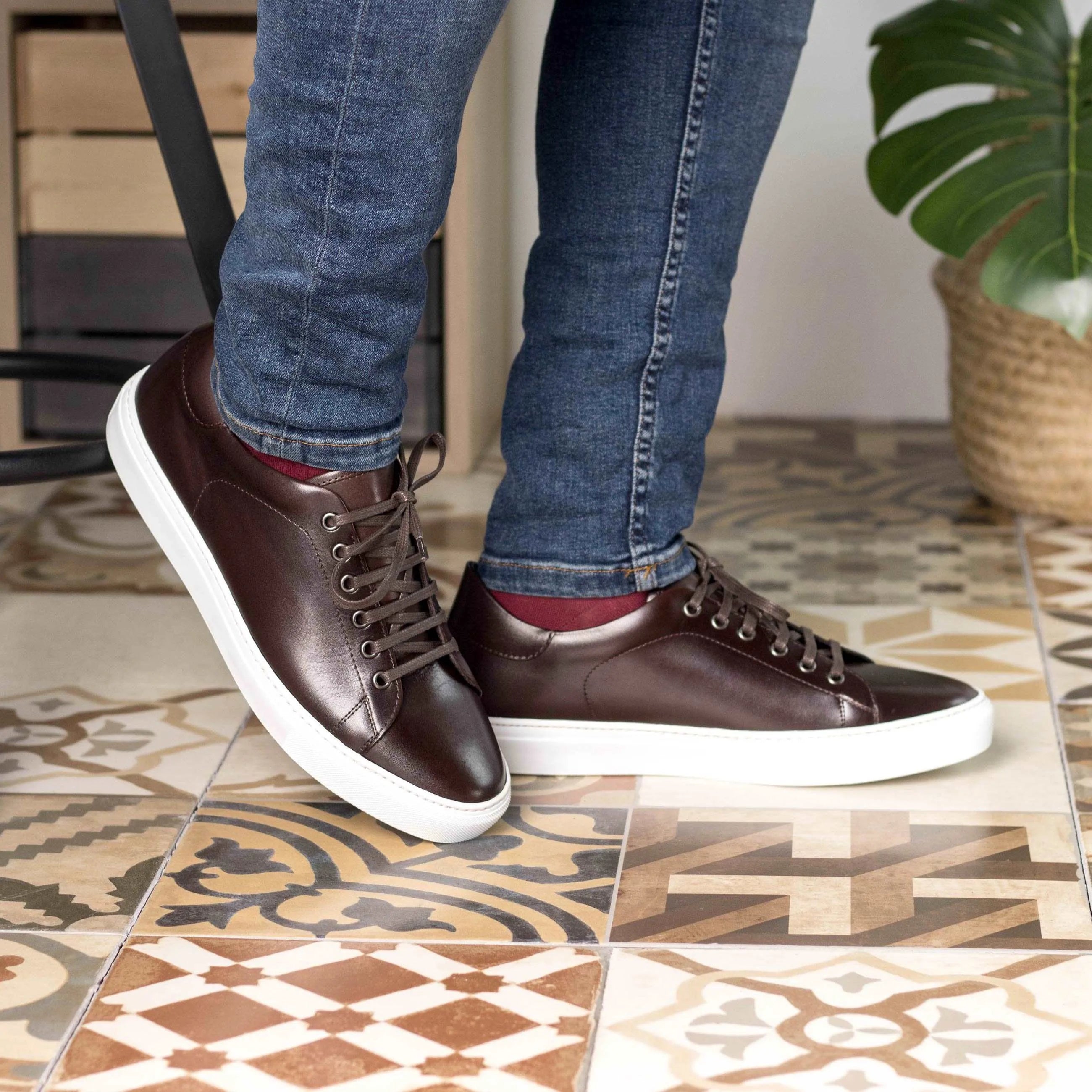 Brown leather sneakers from the Blues Trainer Sneaker collection featuring a cupsole trainer design