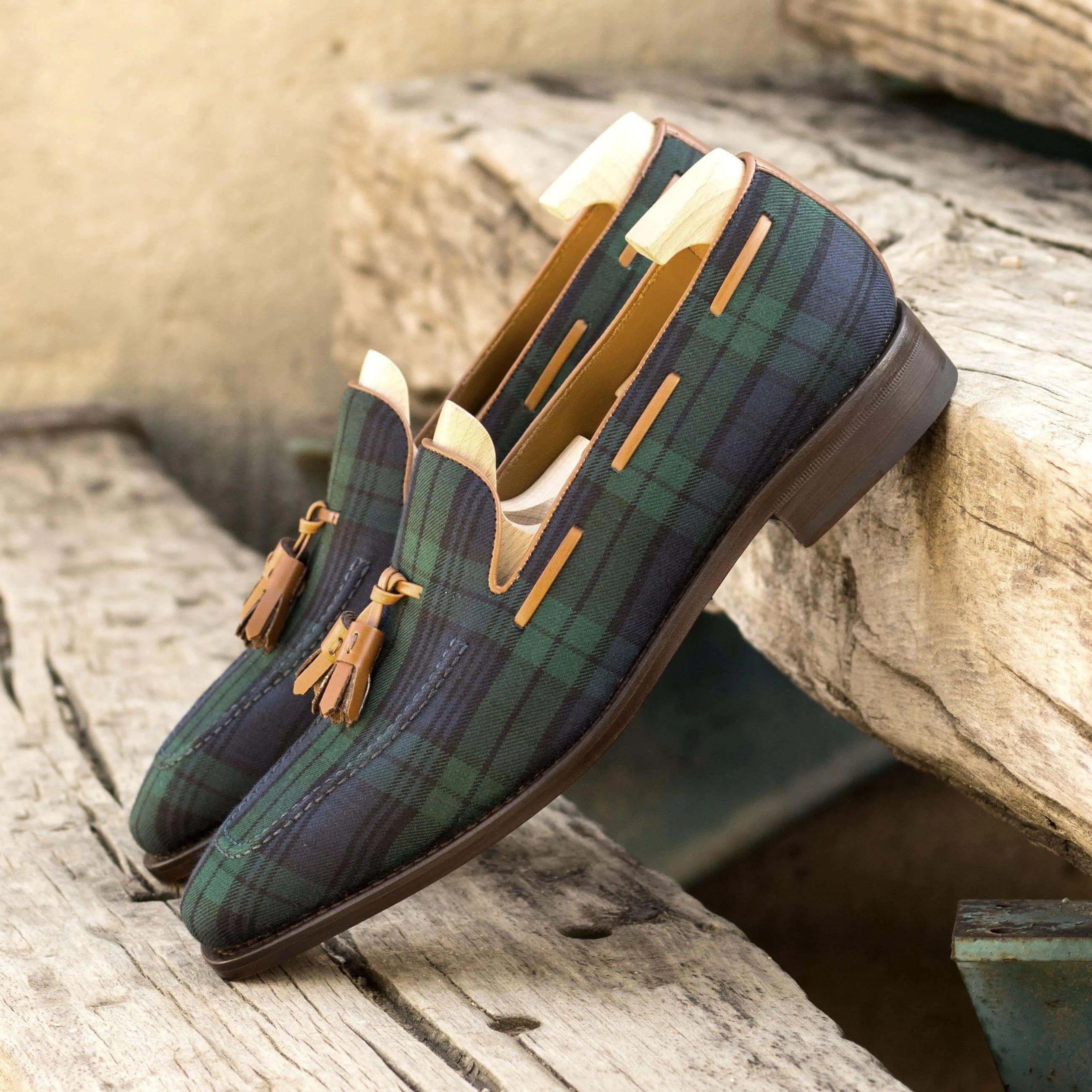 Tartan plaid tassel loafers from Boardwalk Loafers, luxury bespoke shoes for men