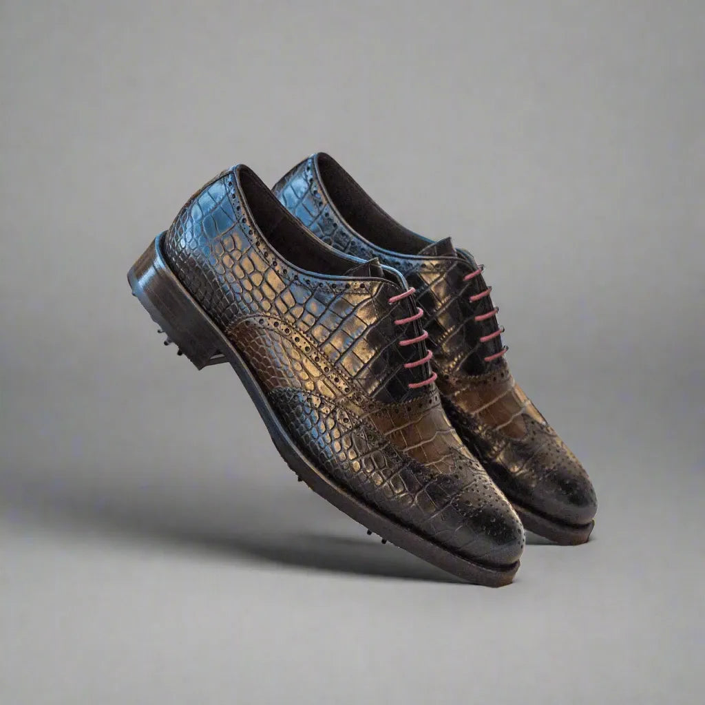 Pair of black crocodile leather Bobby Full Brogue golf shoes for formal occasions