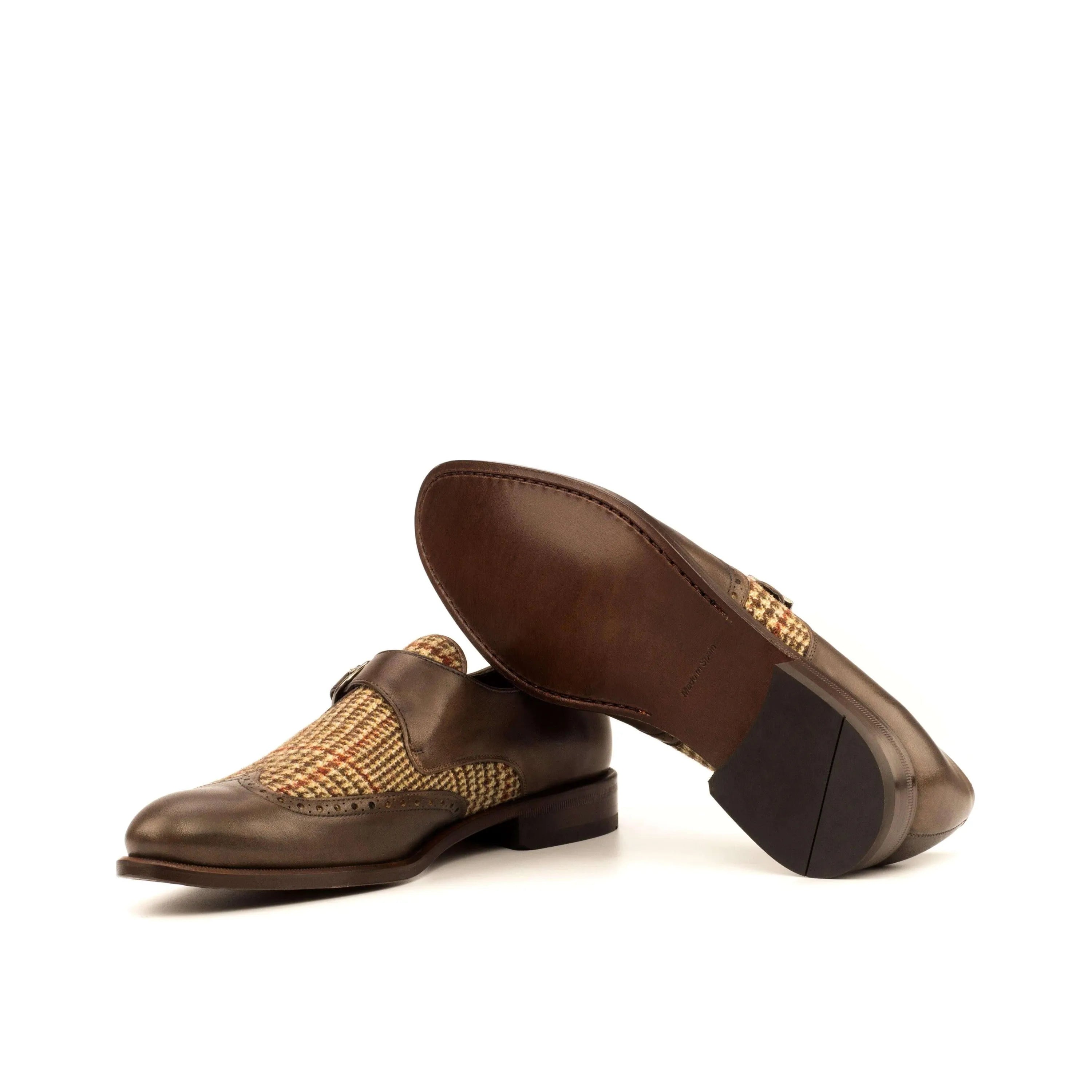 Brown leather and tweed Bodaway Single Monk Shoes II with rounded toe design