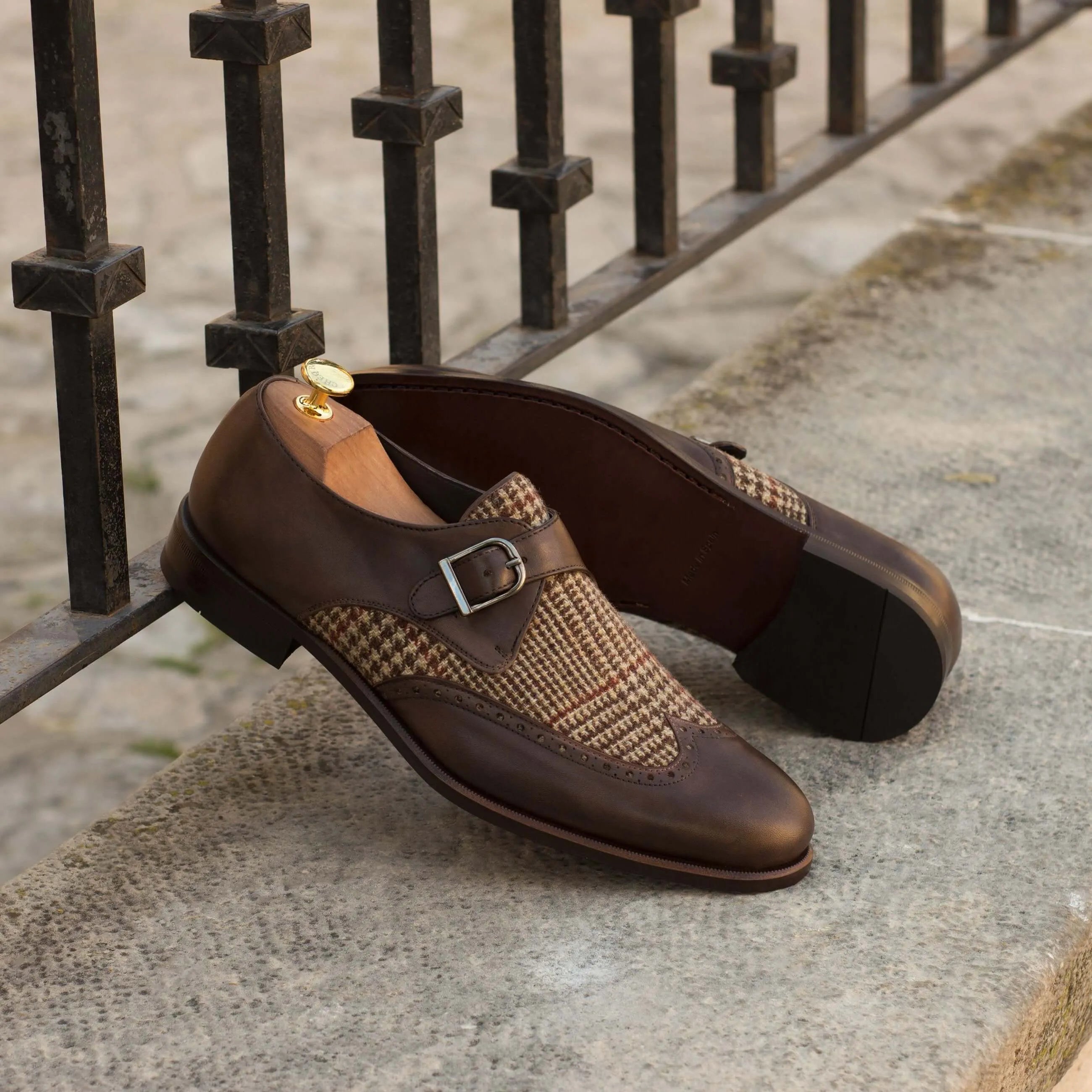 Brown leather and tweed Bodaway Single Monk Shoes for stylish sophistication
